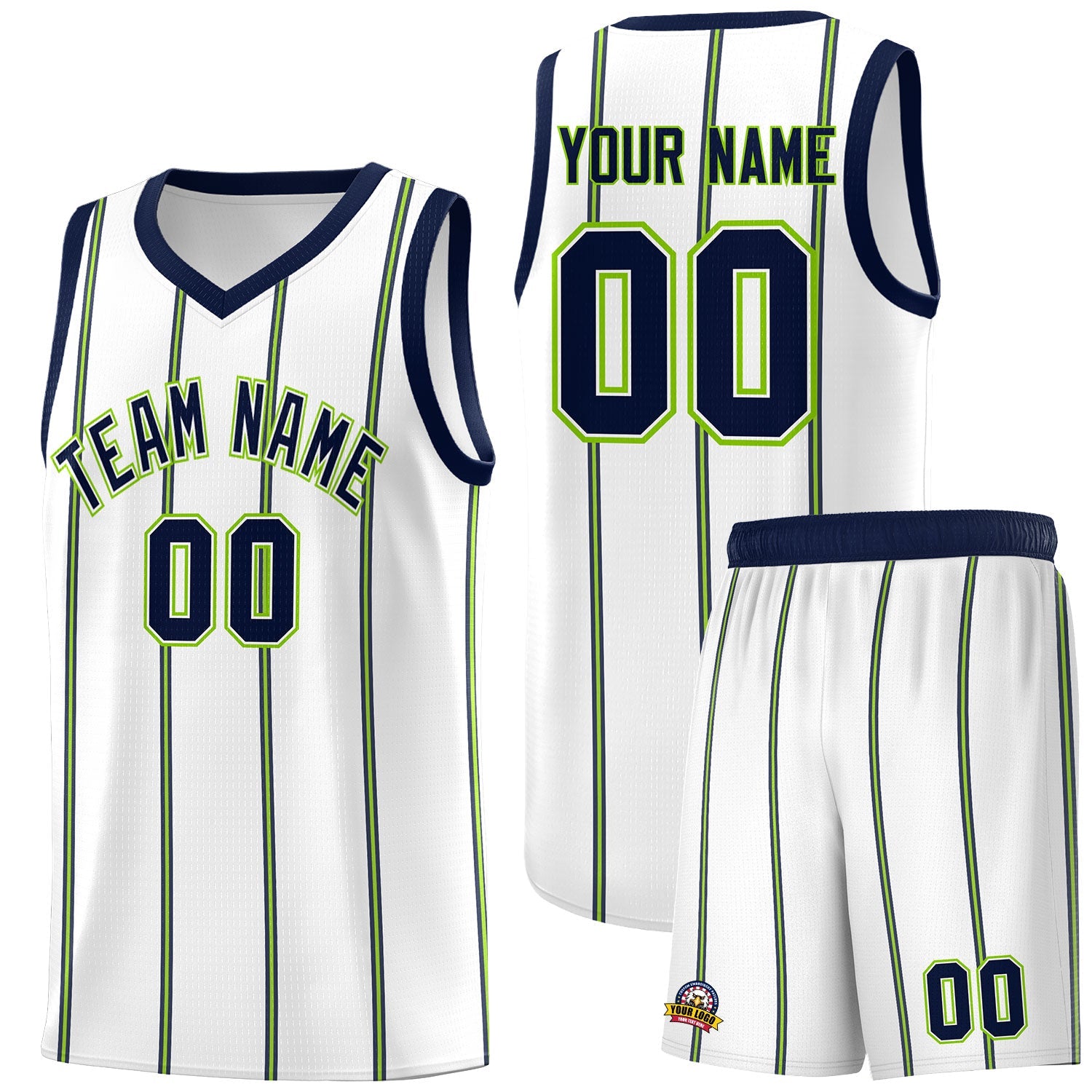 Custom White Navy Neon Green Vertical Stripes Single Sided Sets Basketball Jersey | For Men,Stitched,Perfect for Training,Add Name and Numbern | KXKSHOP