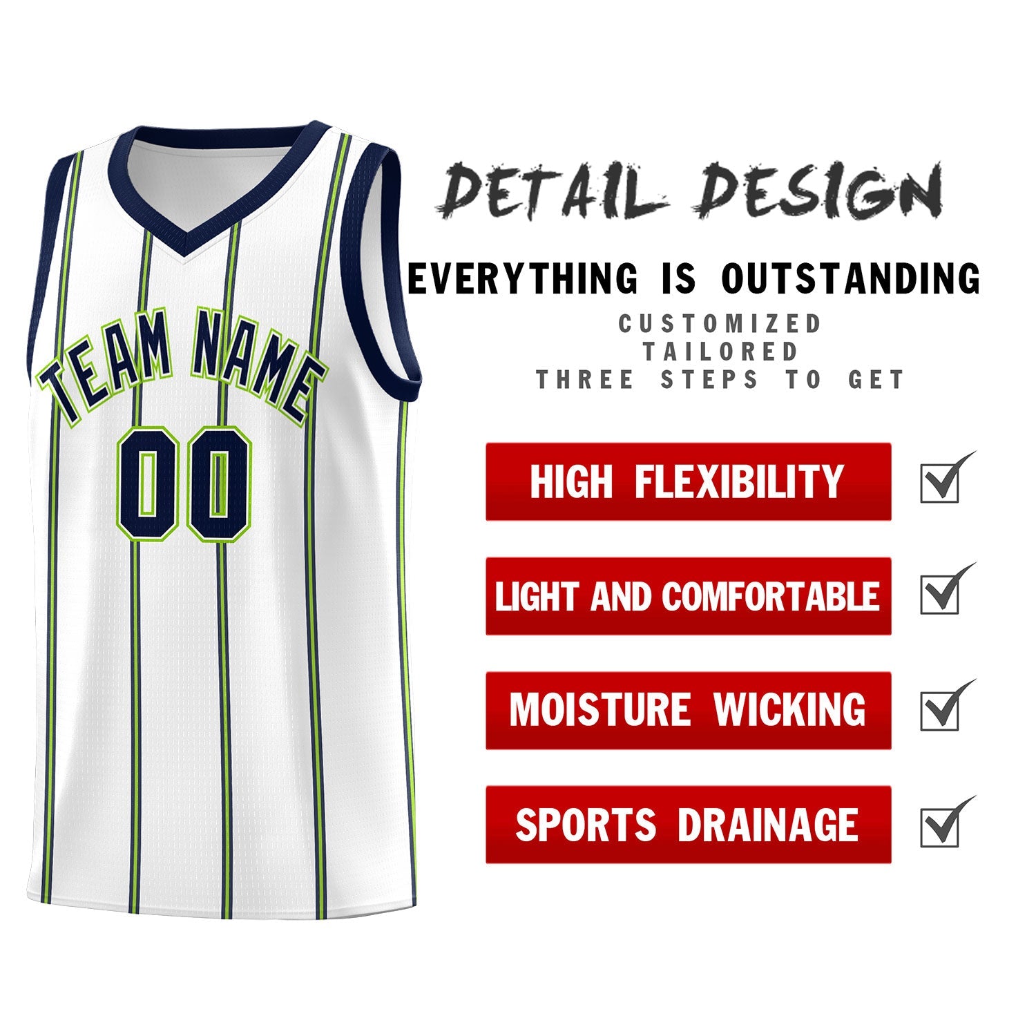 Custom White Navy Neon Green Vertical Stripes Single Sided Sets Basketball Jersey | For Men,Stitched,Perfect for Training,Add Name and Numbern | KXKSHOP