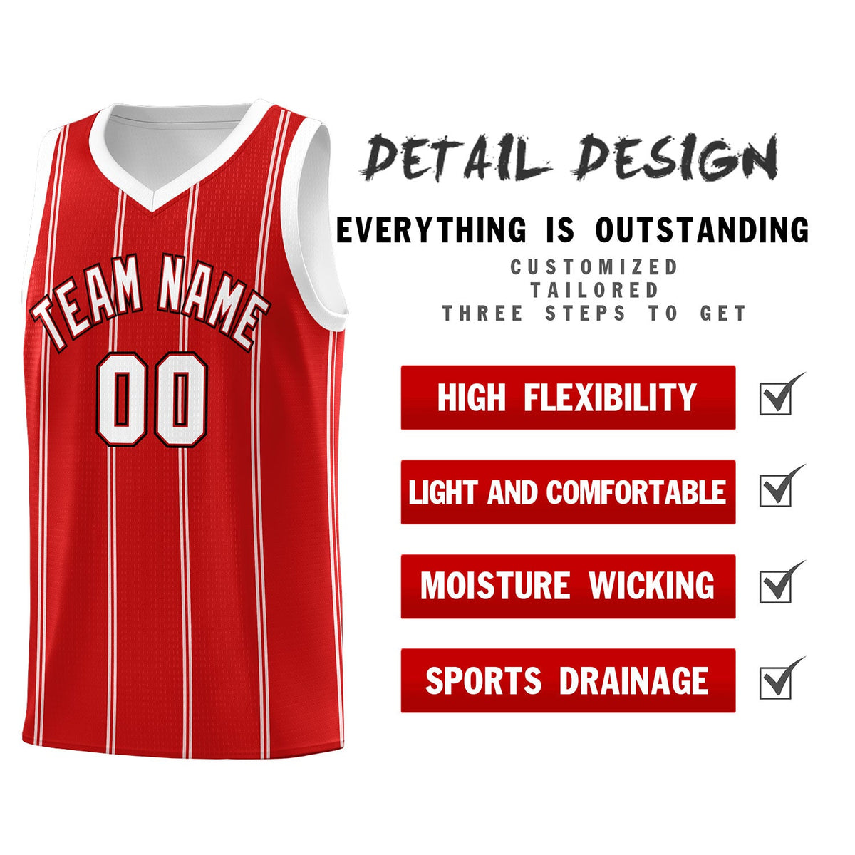Custom Red White Black Vertical Stripes Single Sided Sets Basketball Jersey | For Men,Stitched,Perfect for Training,Add Name and Numbern | KXKSHOP