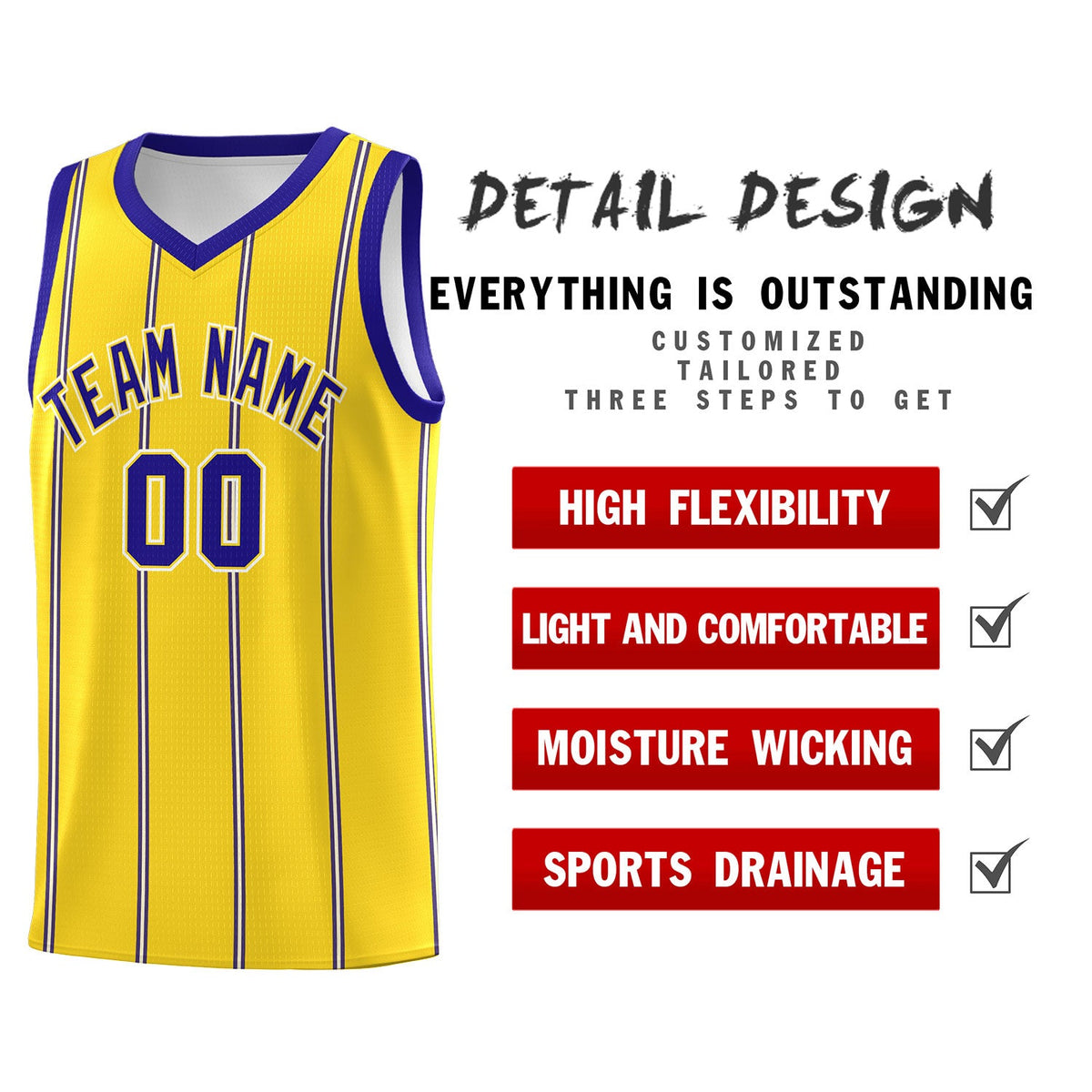 Custom Gold Royal Blue White Vertical Stripes Single Sided Sets Basketball Jersey | For Men,Stitched,Perfect for Training,Add Name and Numbern | KXKSHOP