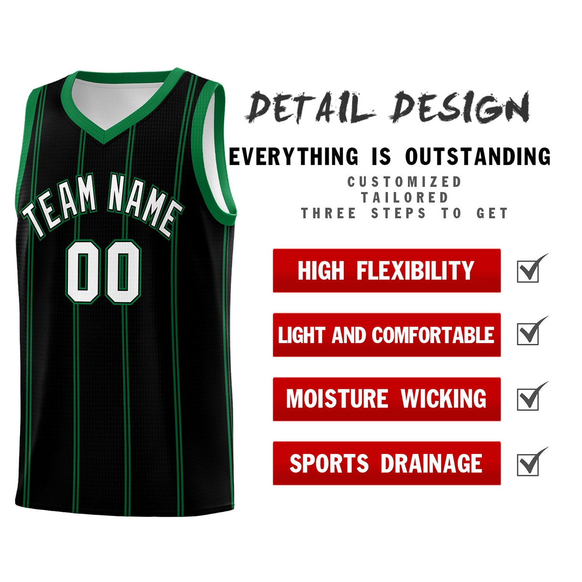 Custom Black Kelly Green White Vertical Stripes Single Sided Sets Basketball Jersey | For Men,Stitched,Perfect for Training,Add Name and Numbern | KXKSHOP