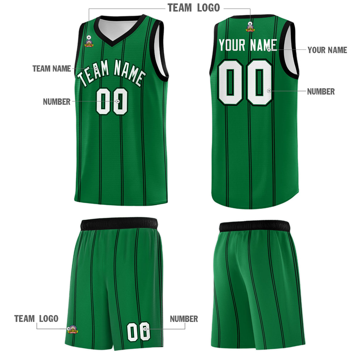 Custom Kelly Green Black White Vertical Stripes Single Sided Sets Basketball Jersey | For Men,Stitched,Perfect for Training,Add Name and Numbern | KXKSHOP