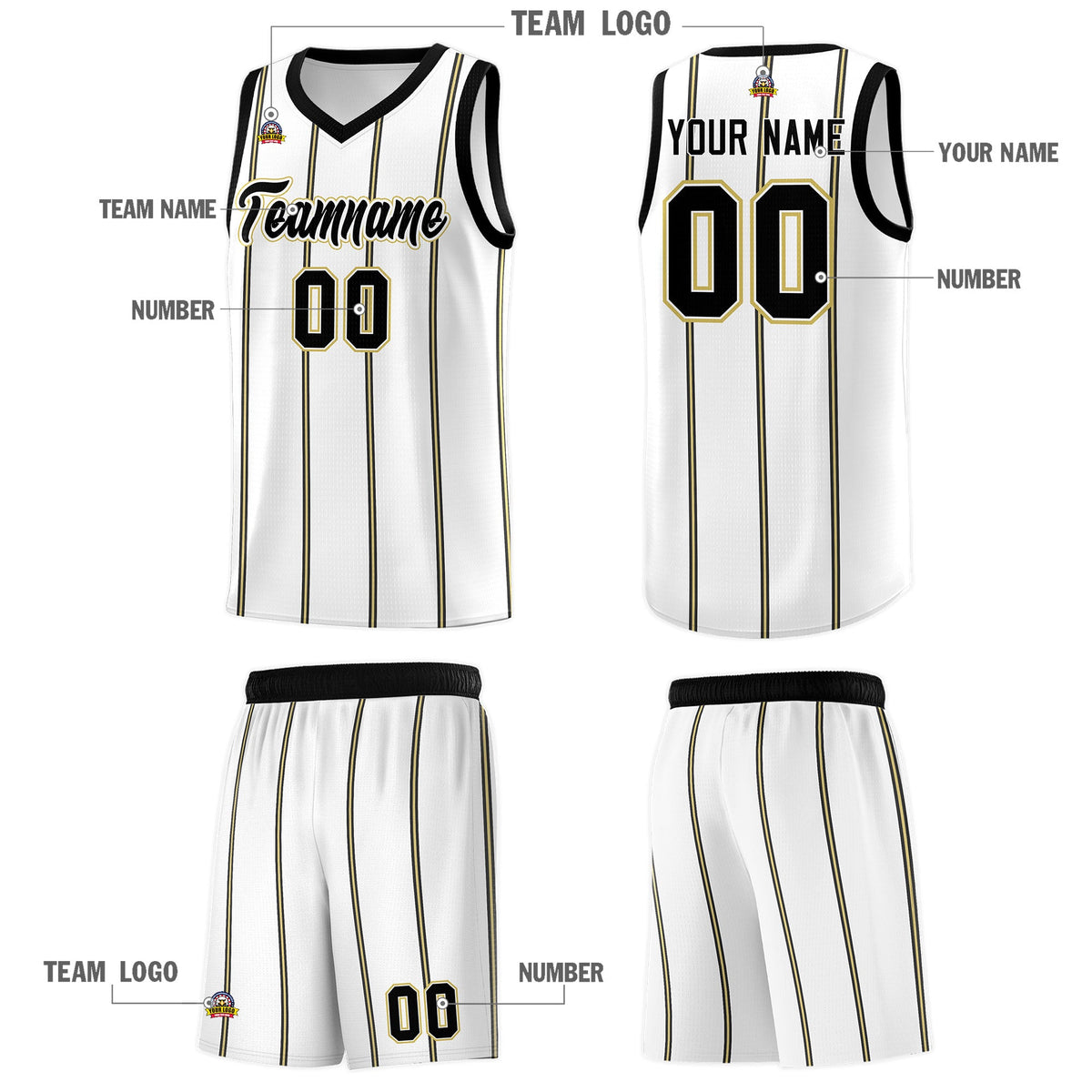Custom White Black Old Gold Vertical Stripes Single Sided Sets Basketball Jersey | For Men,Stitched,Perfect for Training,Add Name and Numbern | KXKSHOP