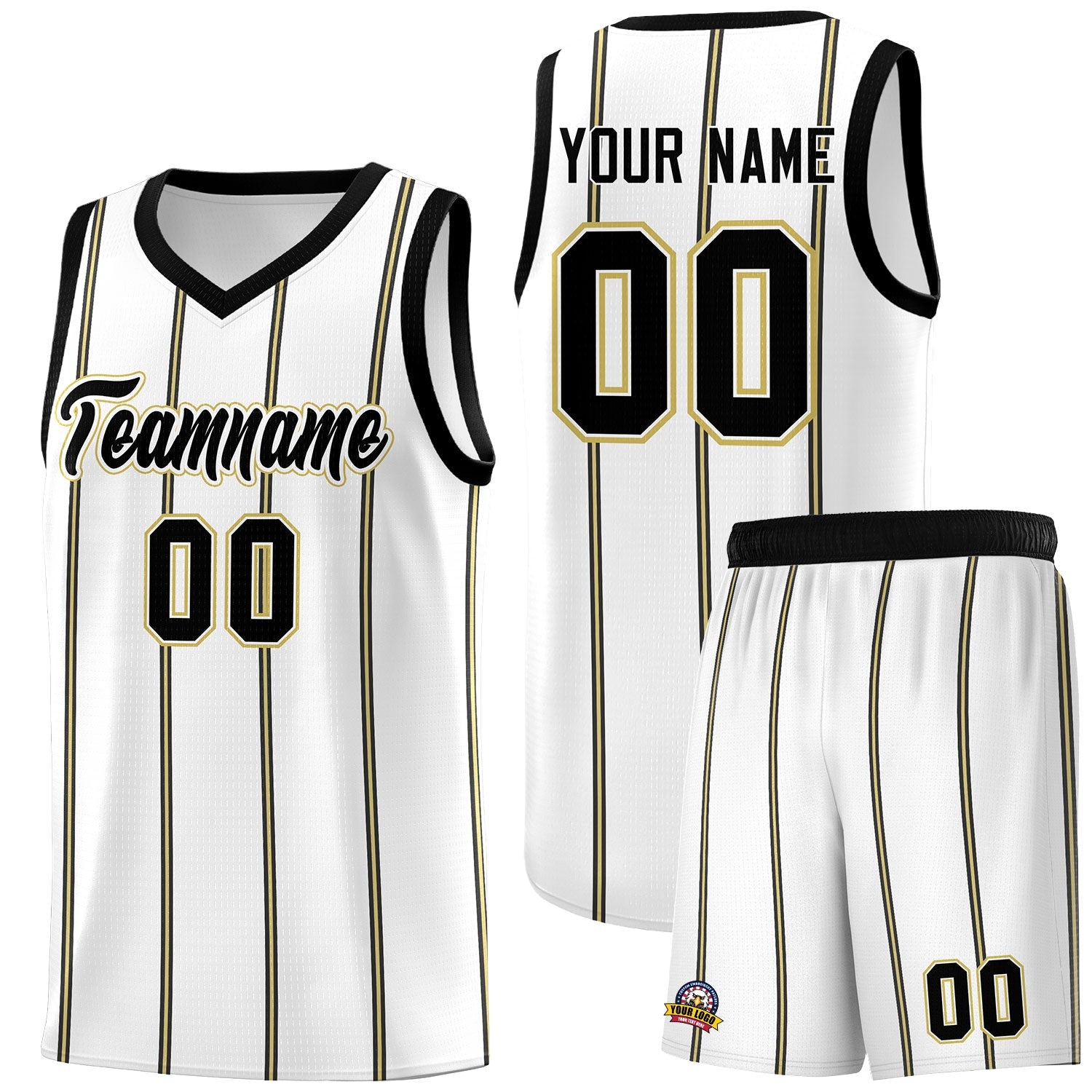 Custom White Black Old Gold Vertical Stripes Single Sided Sets Basketball Jersey | For Men,Stitched,Perfect for Training,Add Name and Numbern | KXKSHOP