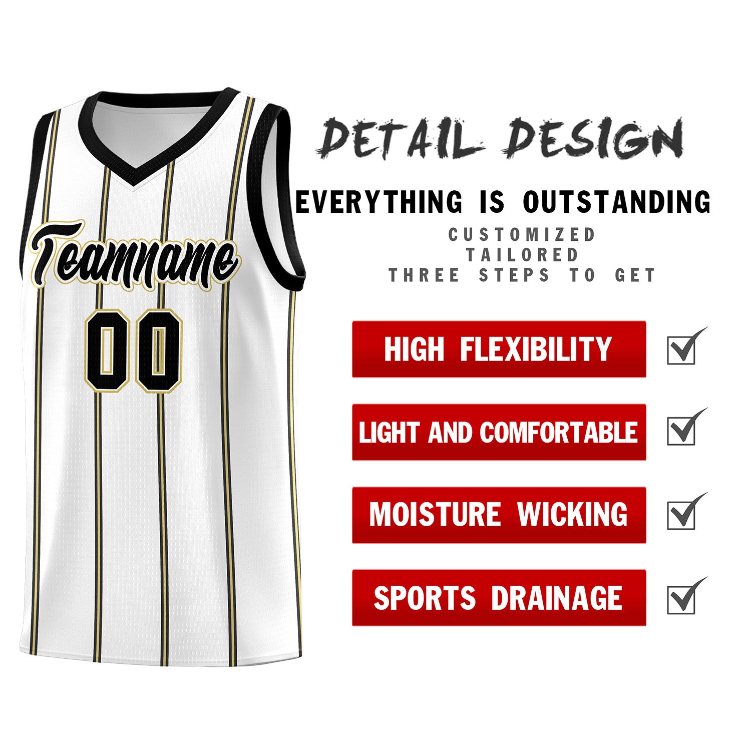 Custom White Black Old Gold Vertical Stripes Single Sided Sets Basketball Jersey | For Men,Stitched,Perfect for Training,Add Name and Numbern | KXKSHOP