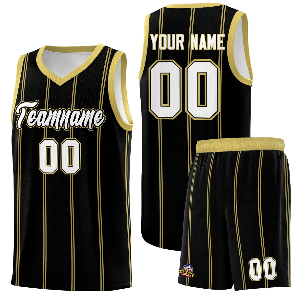 Custom Black Old Gold White Vertical Stripes Single Sided Sets Basketball Jersey | For Men,Stitched,Perfect for Training,Add Name and Numbern | KXKSHOP
