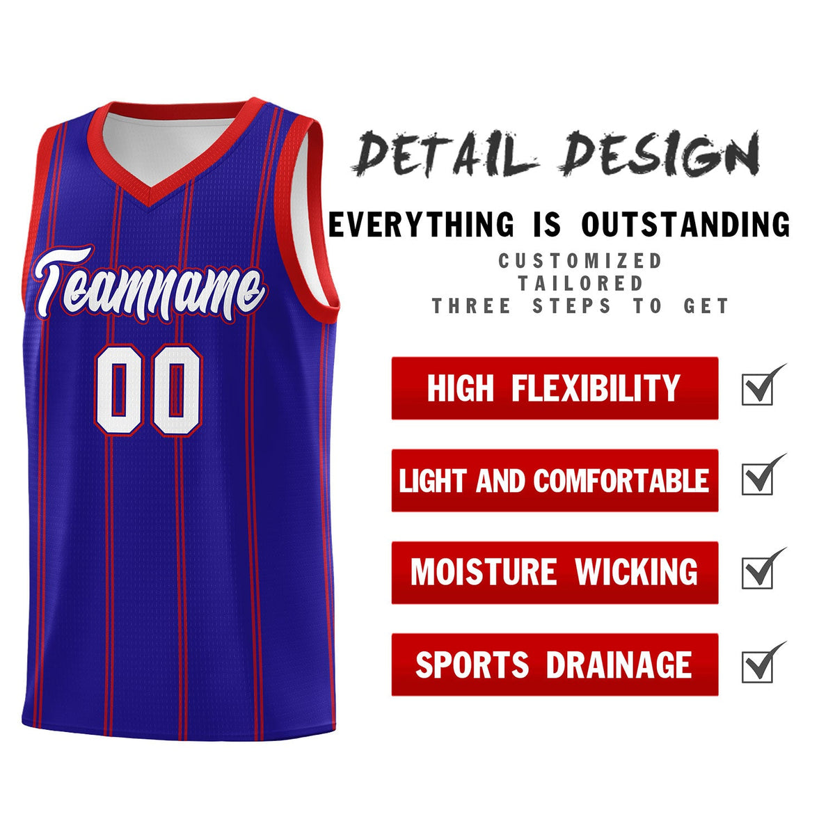 Custom Royal Blue Red White Vertical Stripes Single Sided Sets Basketball Jersey | For Men,Stitched,Perfect for Training,Add Name and Numbern | KXKSHOP