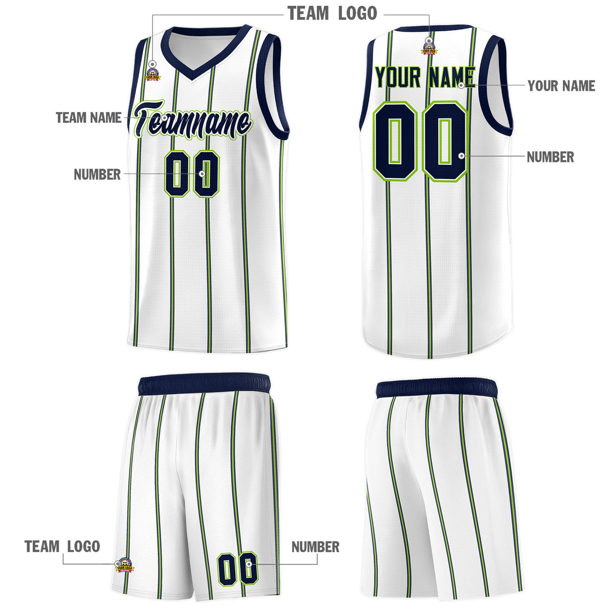 Custom White Navy Neon Green Vertical Stripes Single Sided Sets Basketball Jersey | For Men,Stitched,Perfect for Training,Add Name and Numbern | KXKSHOP