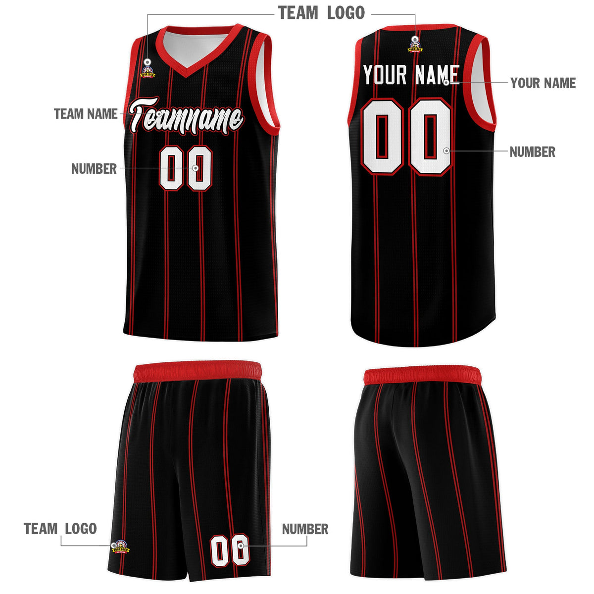 Custom Black Red White Vertical Stripes Single Sided Sets Basketball Jersey | For Men,Stitched,Perfect for Training,Add Name and Numbern | KXKSHOP