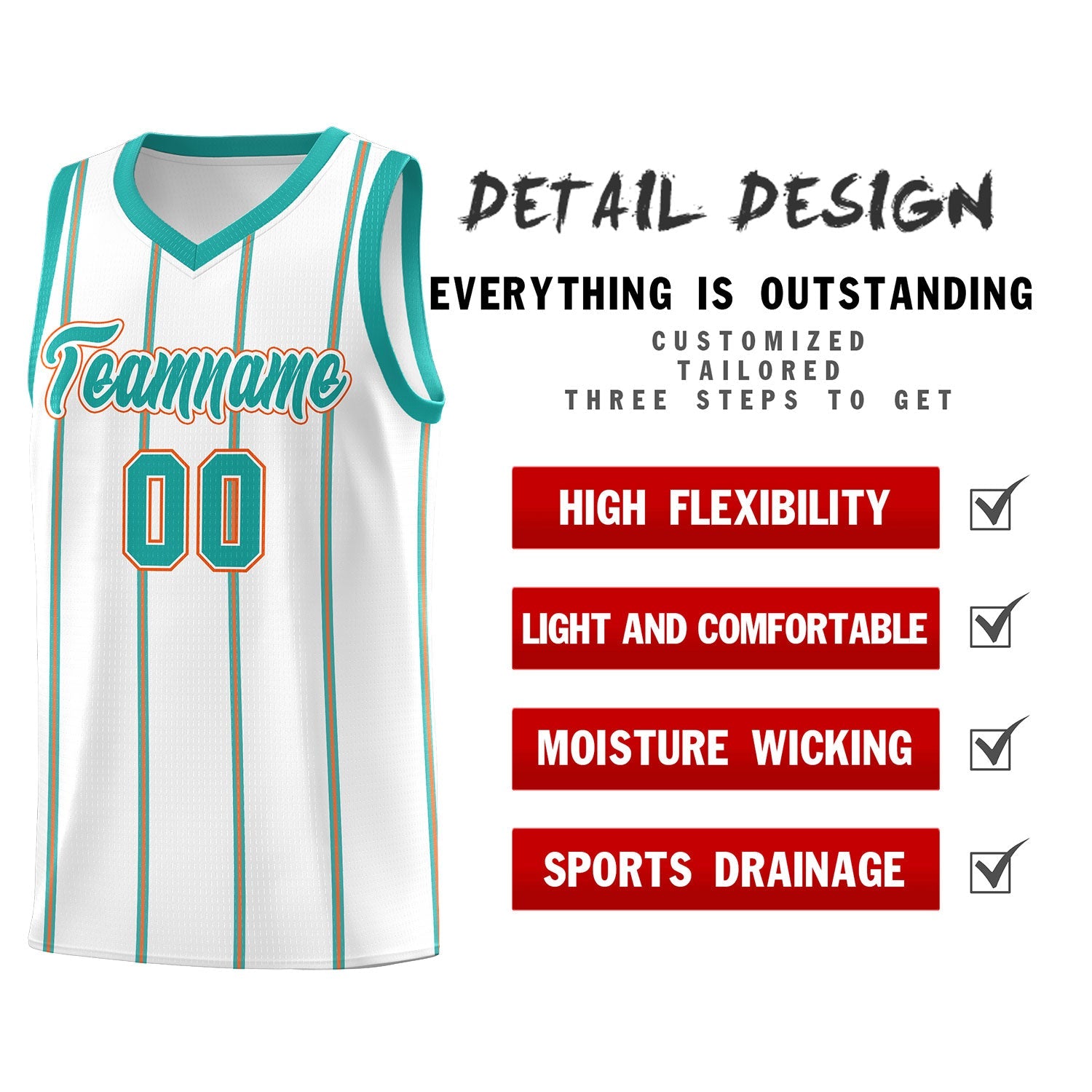 Custom White Aqua Orange Vertical Stripes Single Sided Sets Basketball Jersey | For Men,Stitched,Perfect for Training,Add Name and Numbern | KXKSHOP