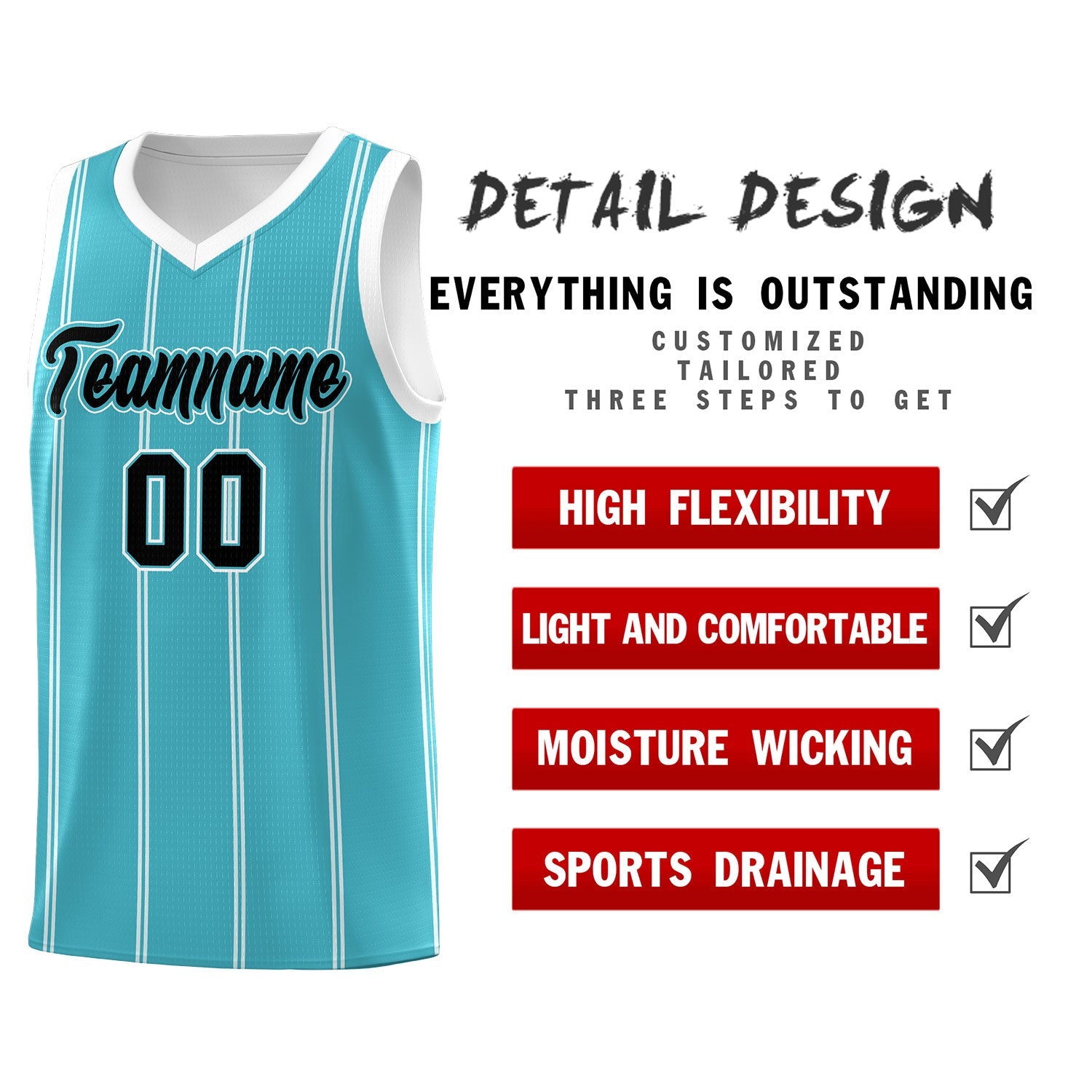 Custom Sky Blue White Black Vertical Stripes Single Sided Sets Basketball Jersey | For Men,Stitched,Perfect for Training,Add Name and Numbern | KXKSHOP