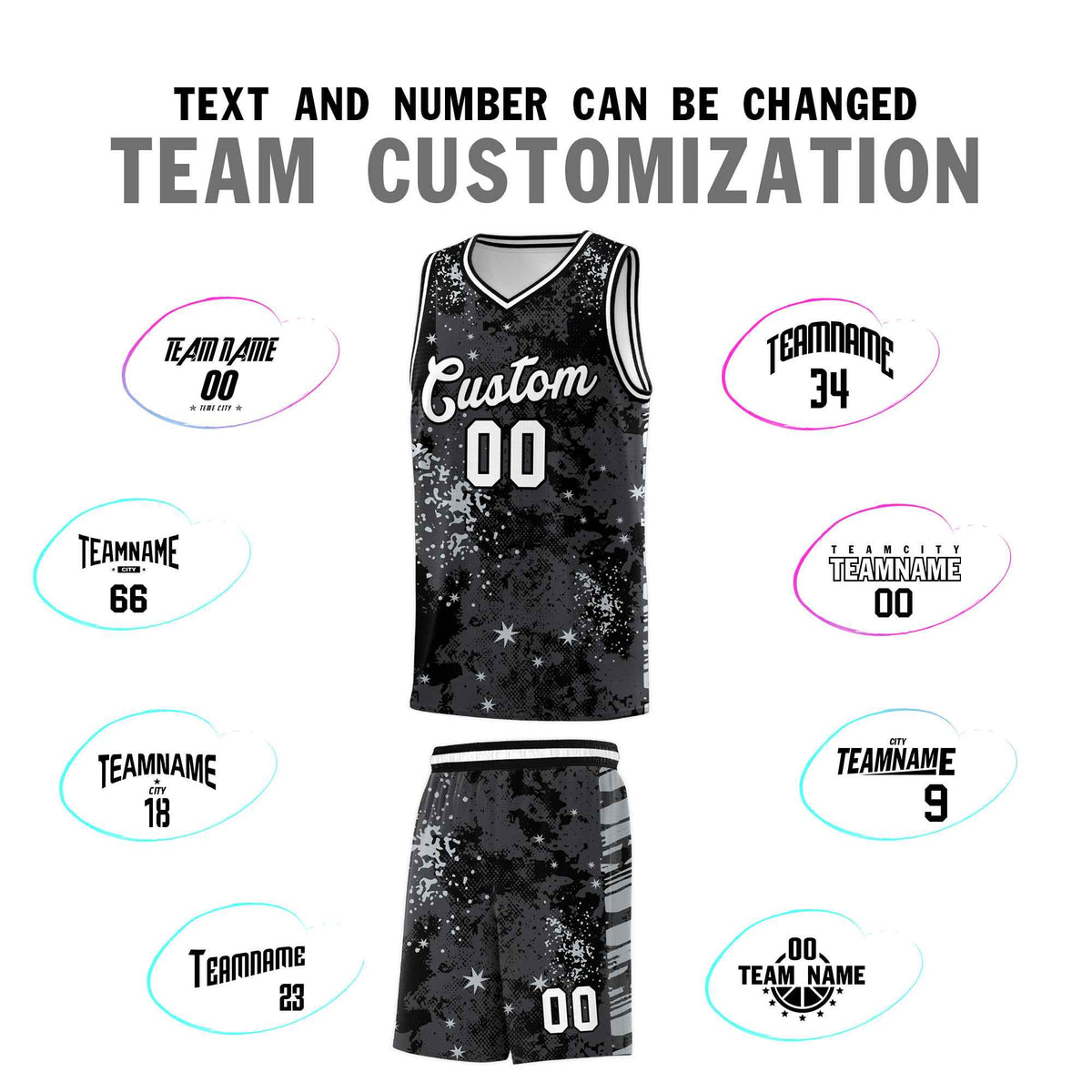 Custom Black Gray Vice Burst Galactic Graffiti Stretch Fabric Basketball Jersey