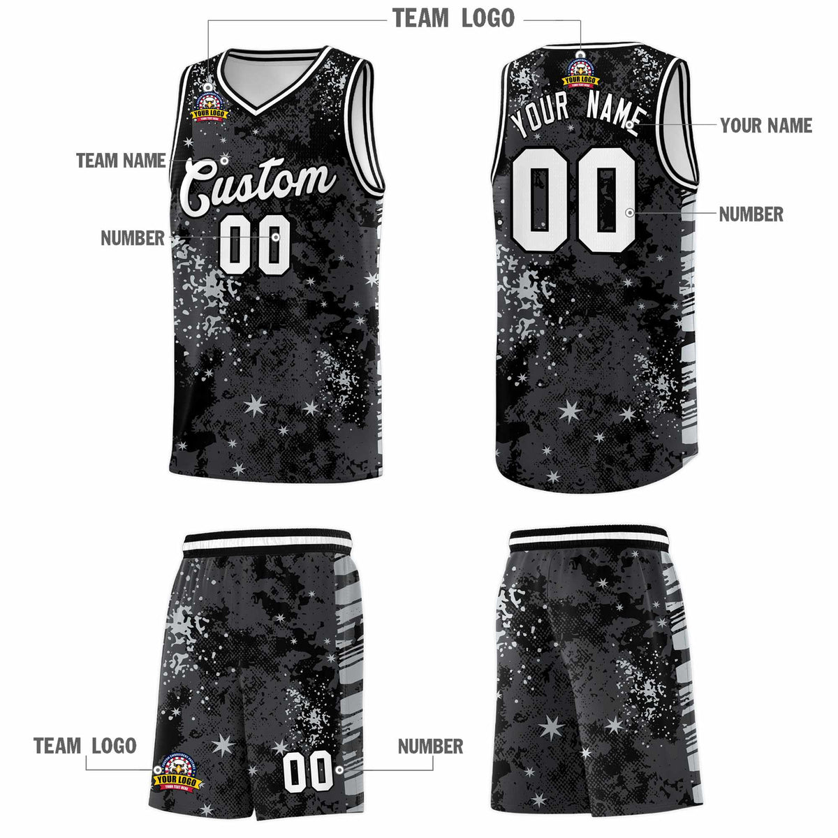 Custom Black Gray Vice Burst Galactic Graffiti Stretch Fabric Basketball Jersey