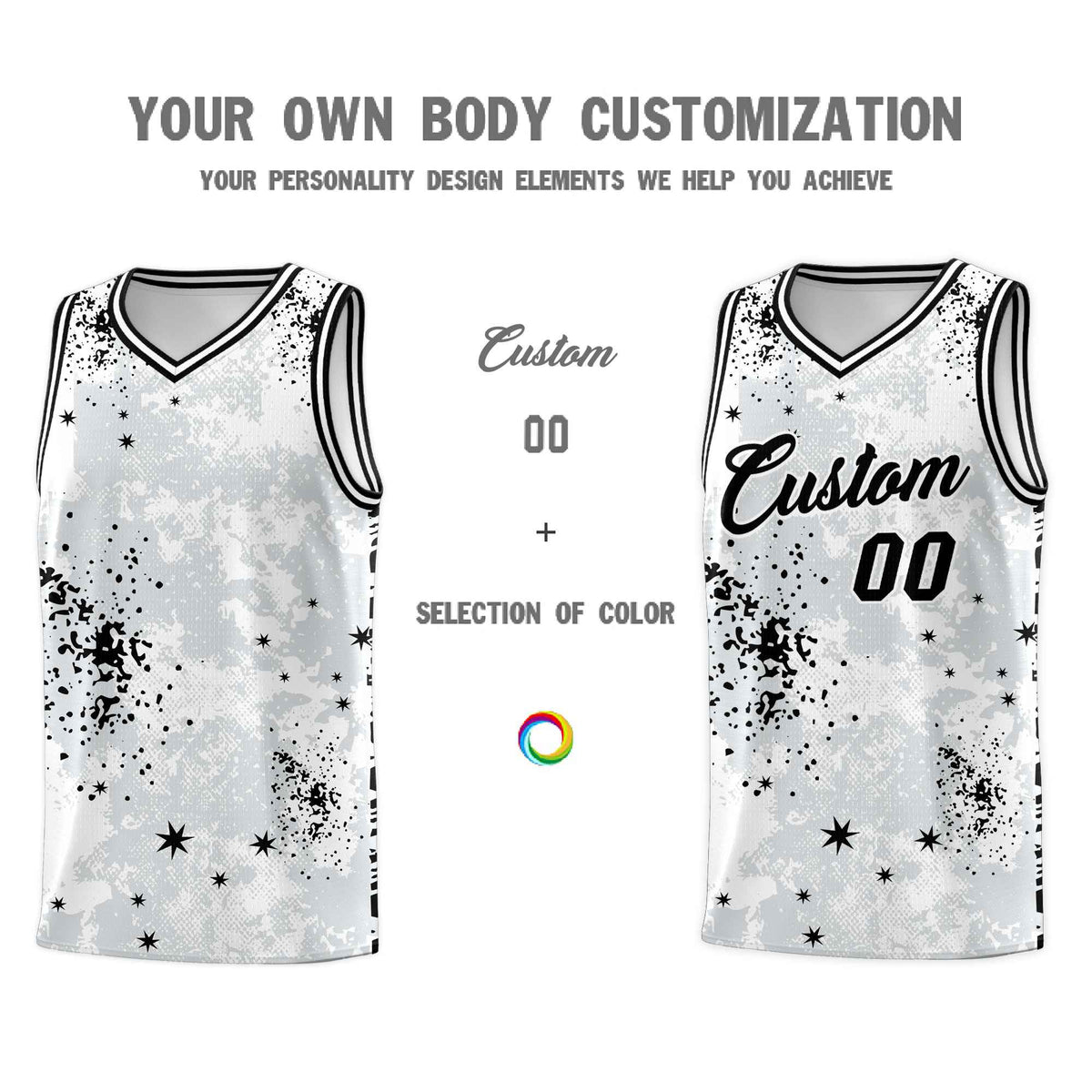 Custom White Black Vice Burst Galactic Graffiti Moisture-Wicking Basketball Jersey