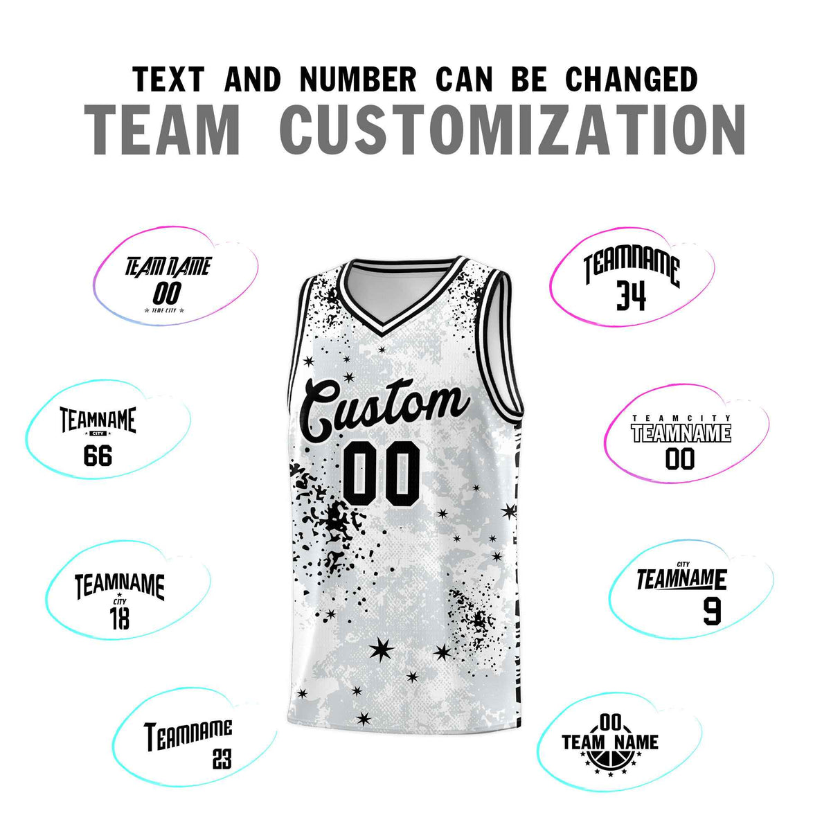 Custom White Black Vice Burst Galactic Graffiti Moisture-Wicking Basketball Jersey