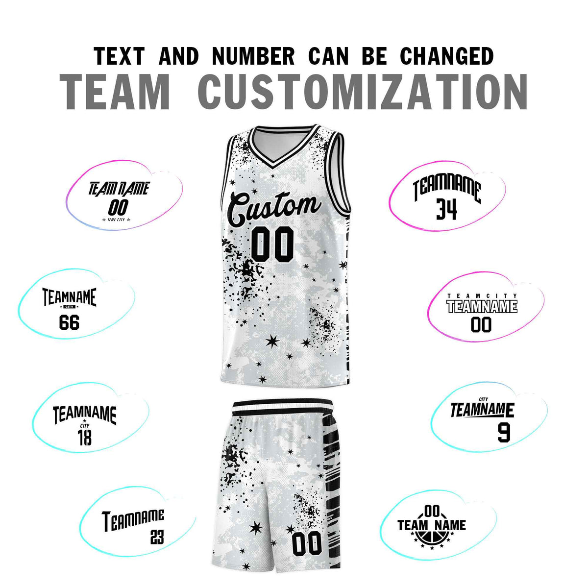 Custom White Black Vice Burst Galactic Graffiti Moisture-Wicking Basketball Jersey