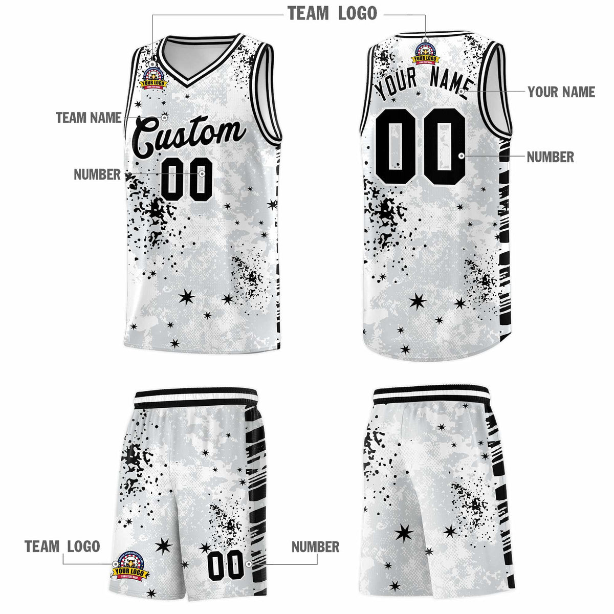 Custom White Black Vice Burst Galactic Graffiti Moisture-Wicking Basketball Jersey
