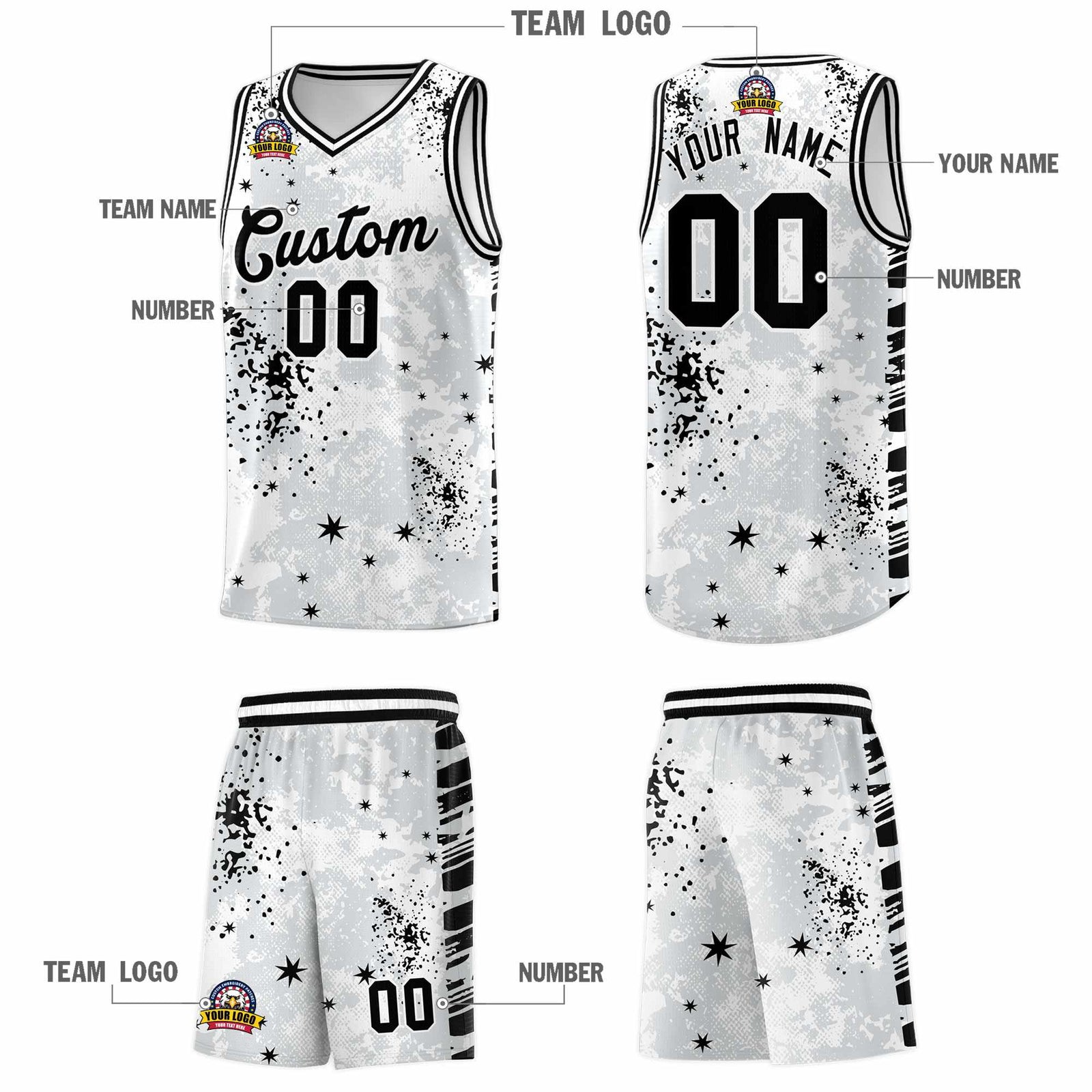 Custom White Black Vice Burst Galactic Graffiti Moisture-Wicking Basketball Jersey