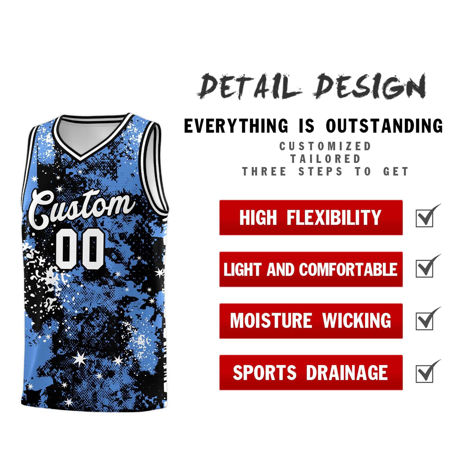 Custom Powder Blue Black Vice Burst Galactic Graffiti Lightweight Basketball Jersey