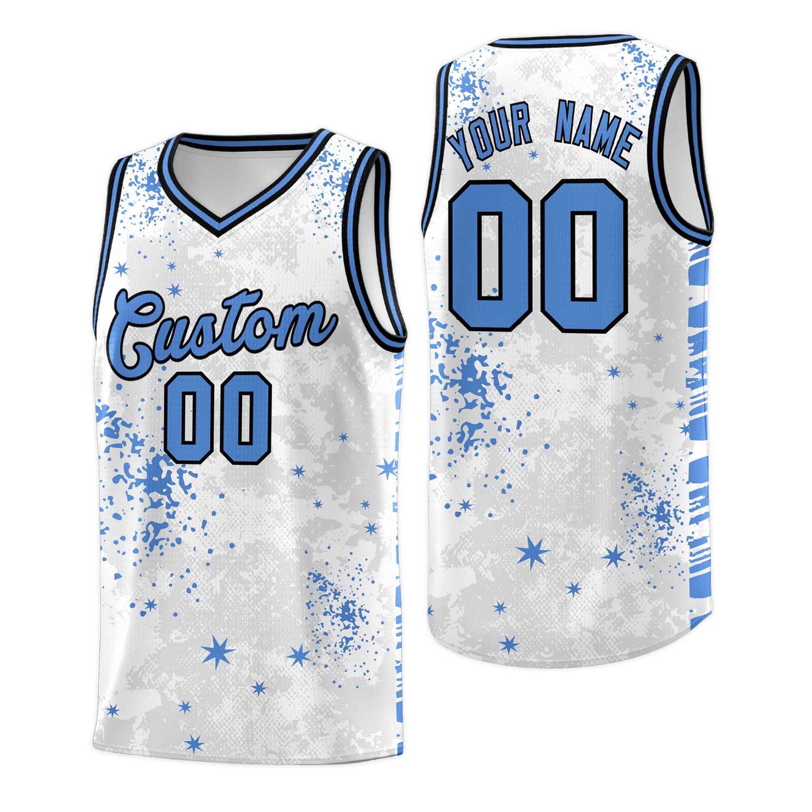 Custom White Powder Blue Vice Burst Galactic Graffiti Quick-Drying Basketball Jersey