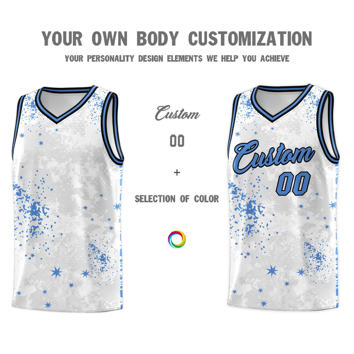 Custom White Powder Blue Vice Burst Galactic Graffiti Quick-Drying Basketball Jersey