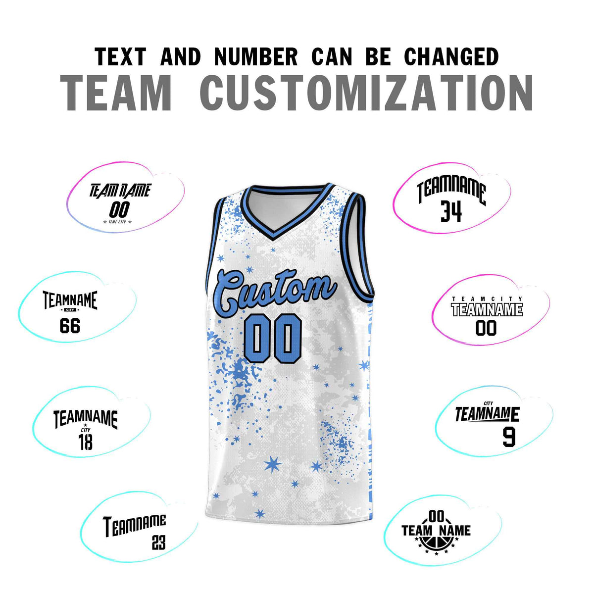 Custom White Powder Blue Vice Burst Galactic Graffiti Quick-Drying Basketball Jersey
