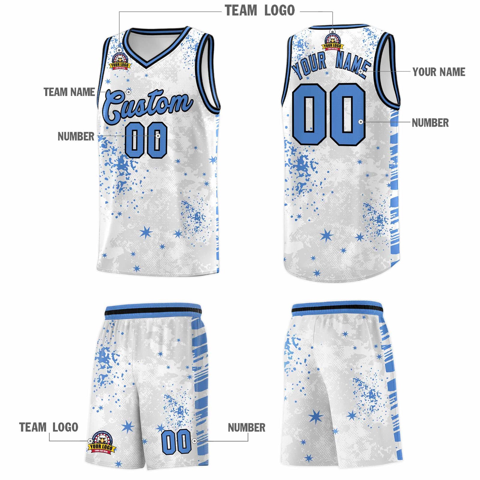 Custom White Powder Blue Vice Burst Galactic Graffiti Quick-Drying Basketball Jersey