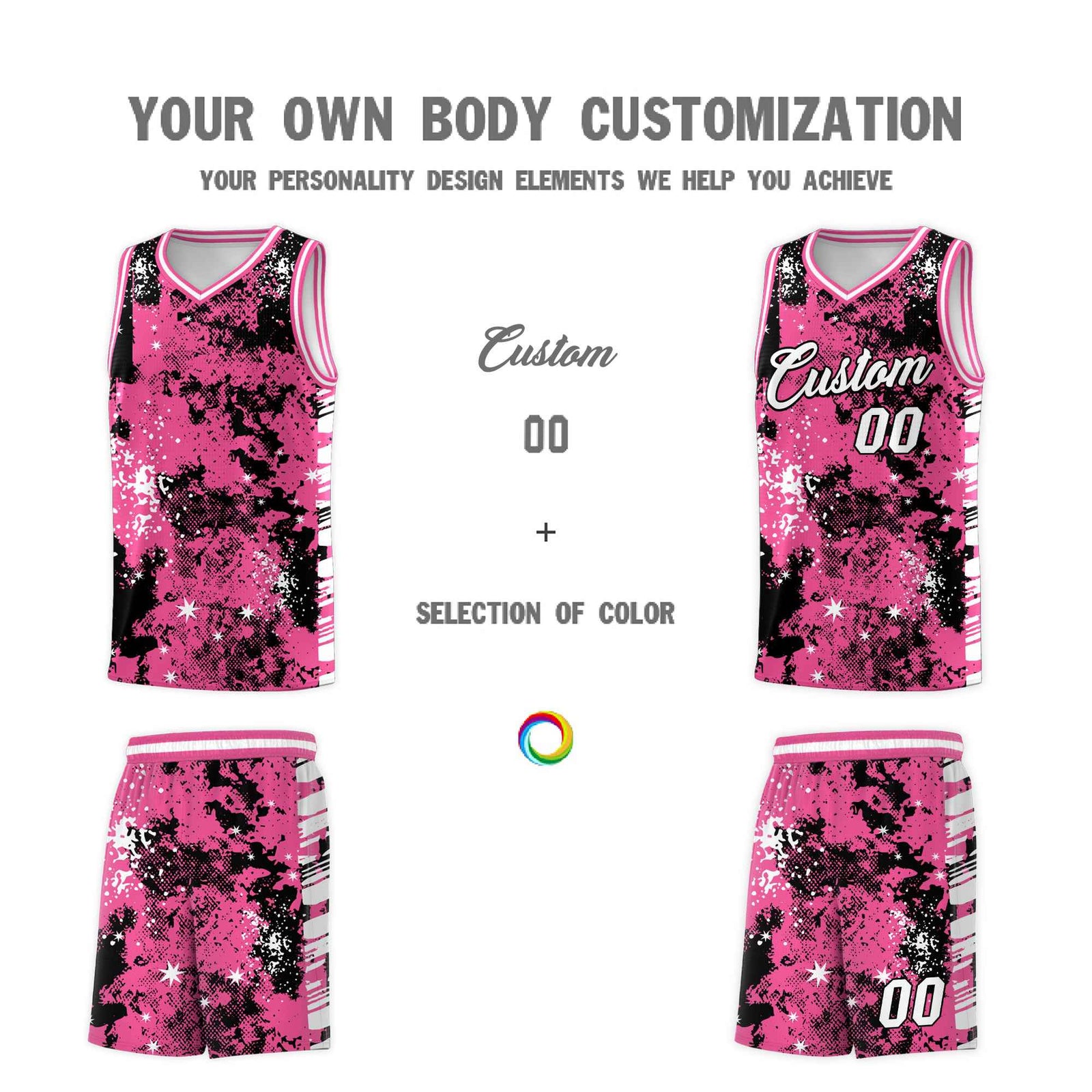 Custom Pink Black Vice Burst Galactic Graffiti Drapable Basketball Jersey