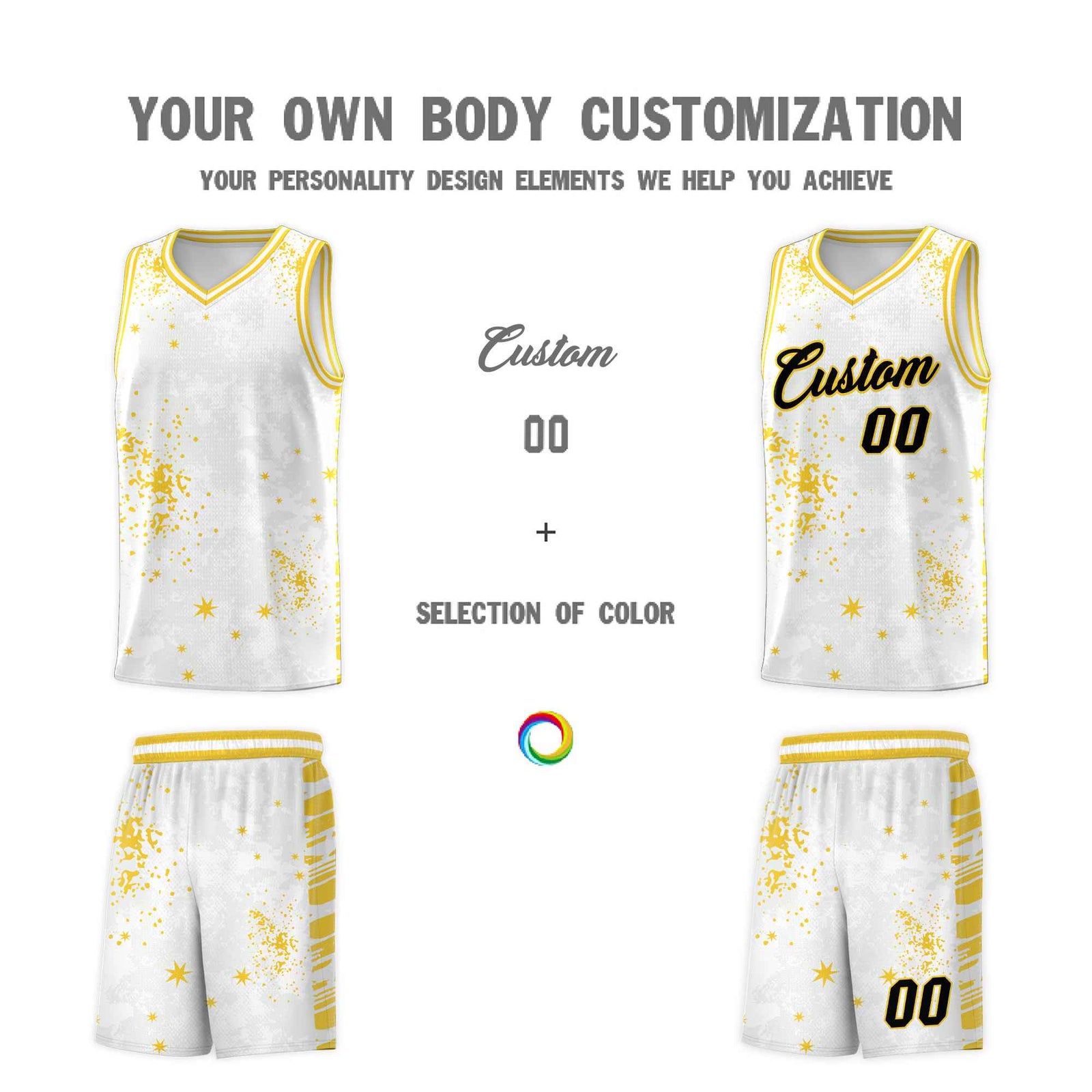 Custom White Gold Vice Burst Galactic Graffiti Moisture-Wicking Basketball Jersey