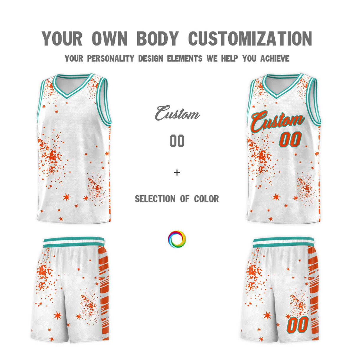 Custom Orange Aqua Vice Burst Galactic Graffiti Quick-Drying Basketball Jersey
