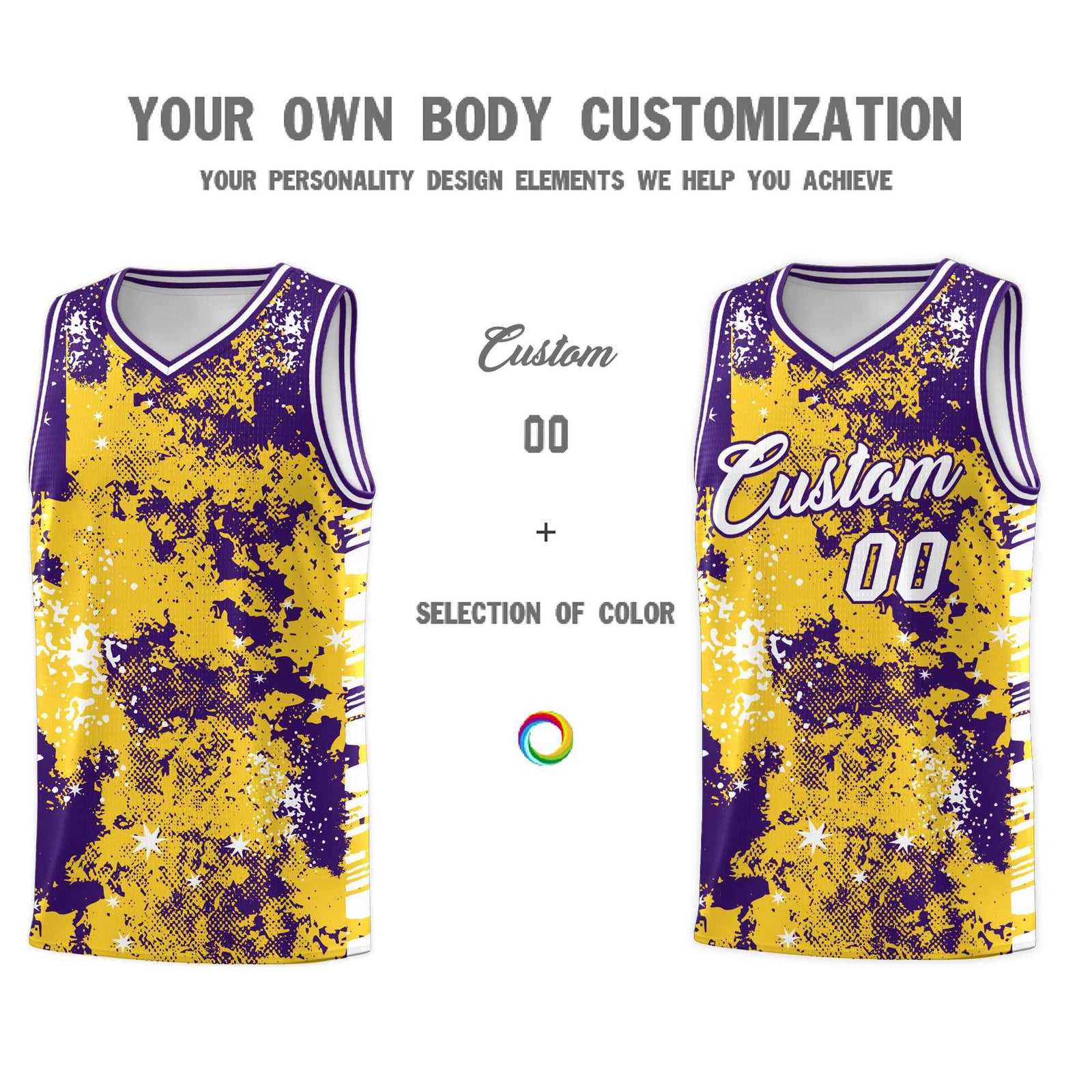 Custom Gold Purple Vice Burst Galactic Graffiti Drapable Basketball Jersey
