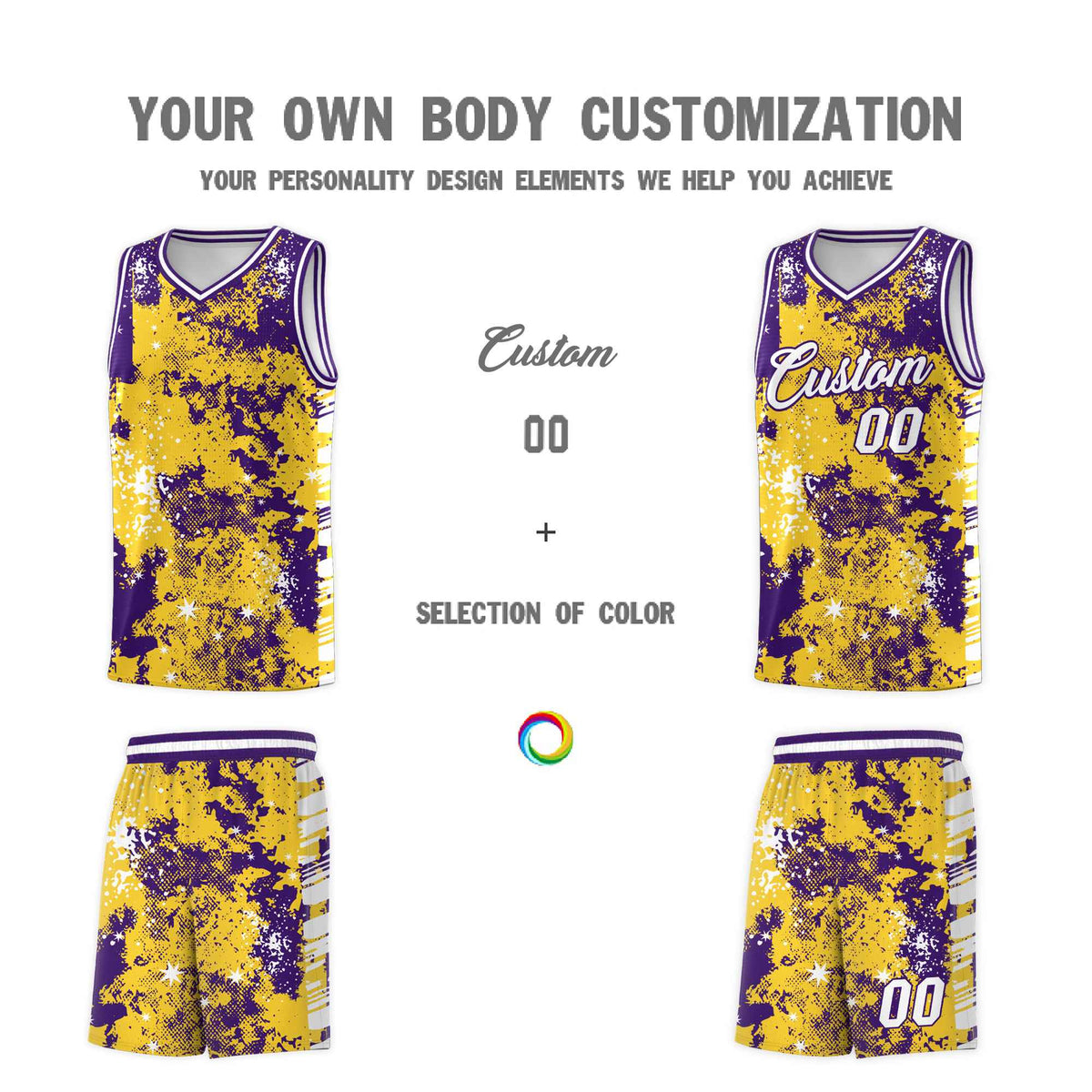 Custom Gold Purple Vice Burst Galactic Graffiti Drapable Basketball Jersey