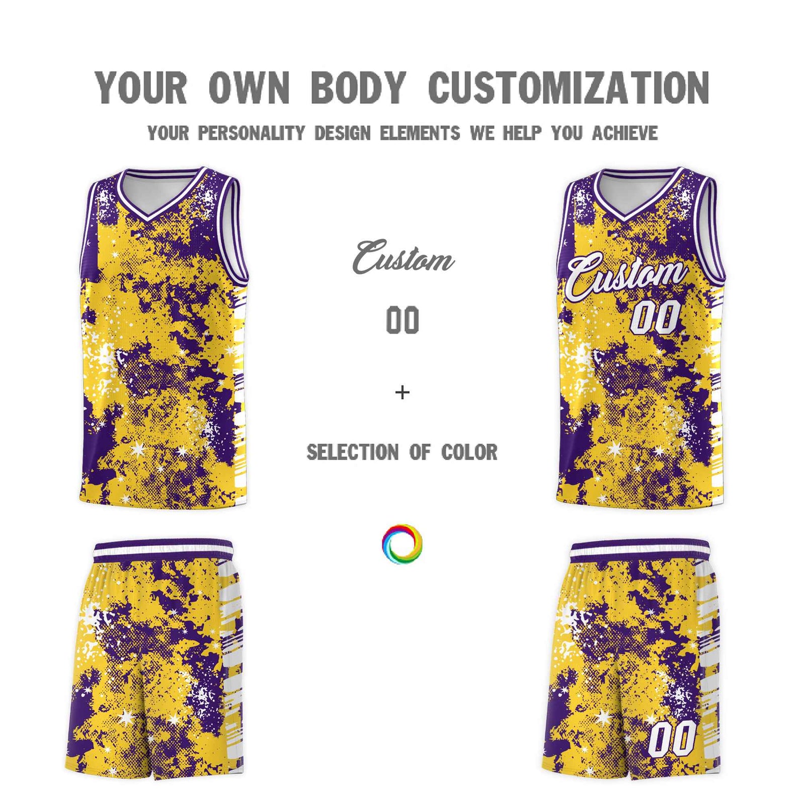 Custom Gold Purple Vice Burst Galactic Graffiti Drapable Basketball Jersey