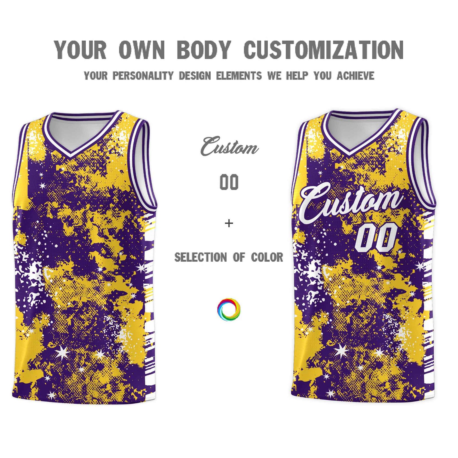 Custom Gold Purple Vice Burst Galactic Graffiti Sublimation Printing Basketball Jersey