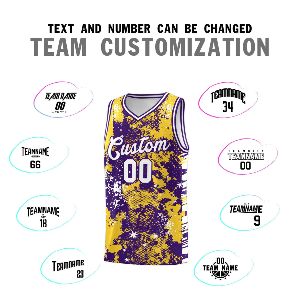 Custom Gold Purple Vice Burst Galactic Graffiti Sublimation Printing Basketball Jersey