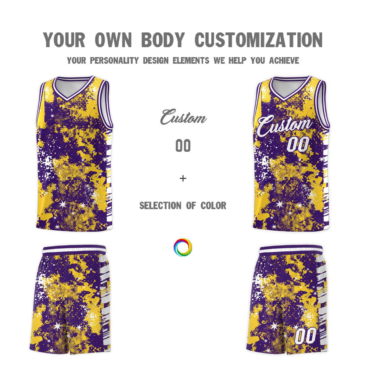 Custom Gold Purple Vice Burst Galactic Graffiti Sublimation Printing Basketball Jersey