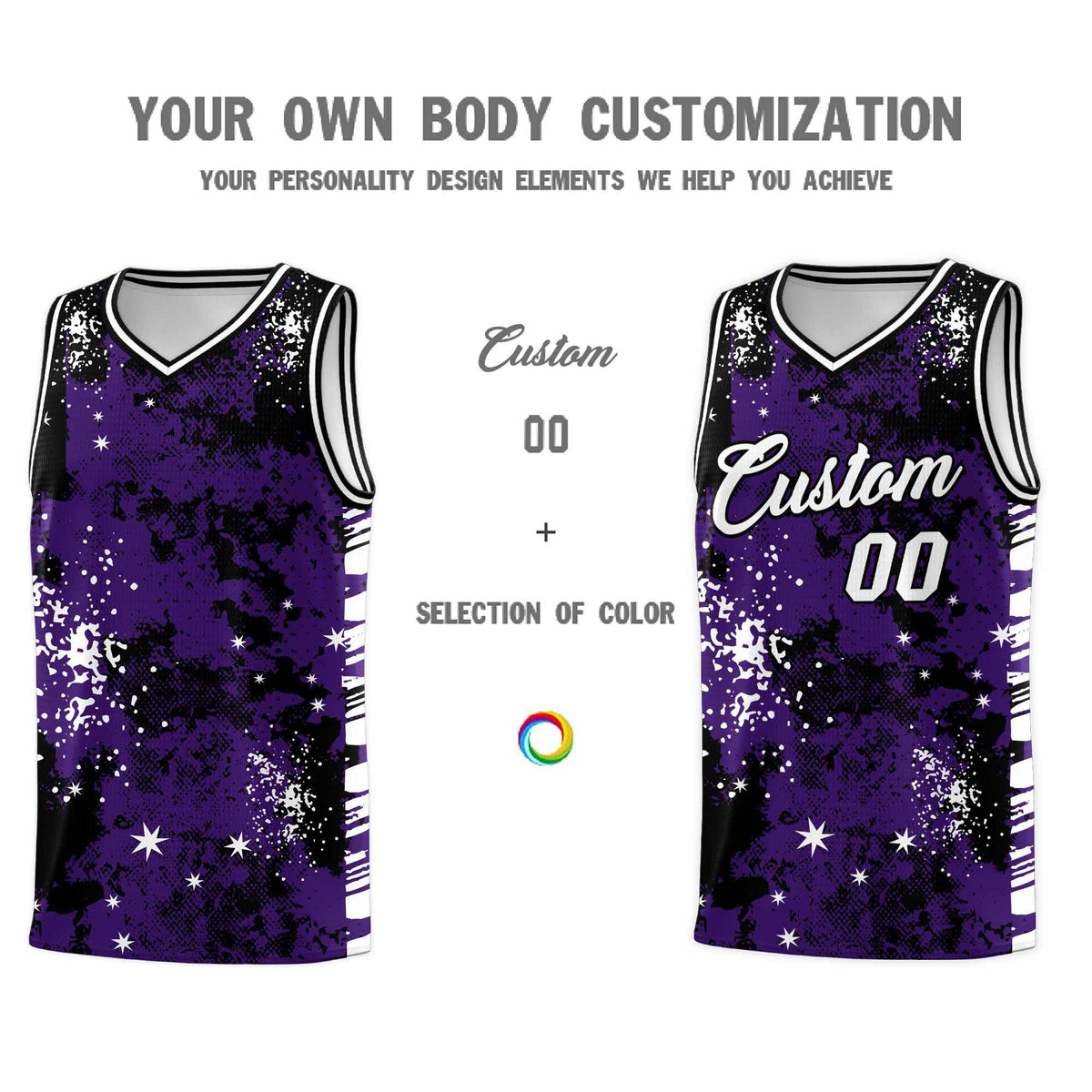 Custom Purple Black Vice Burst Galactic Graffiti Stretch Fabric Basketball Jersey