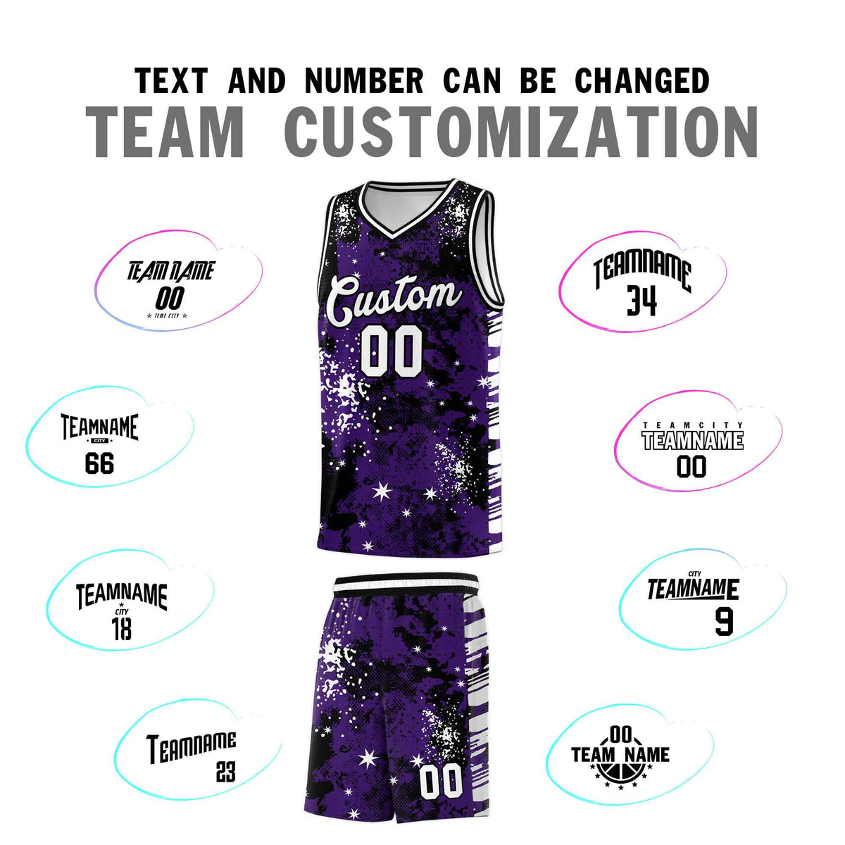 Custom Purple Black Vice Burst Galactic Graffiti Stretch Fabric Basketball Jersey