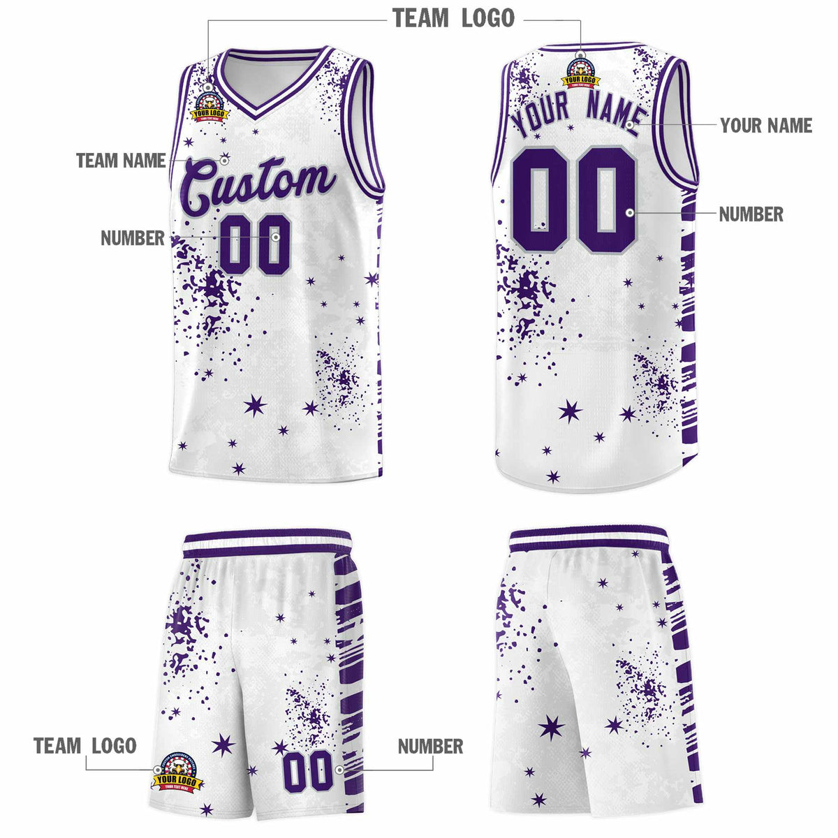 Custom White Purple Vice Burst Galactic Graffiti Moisture-Wicking Basketball Jersey
