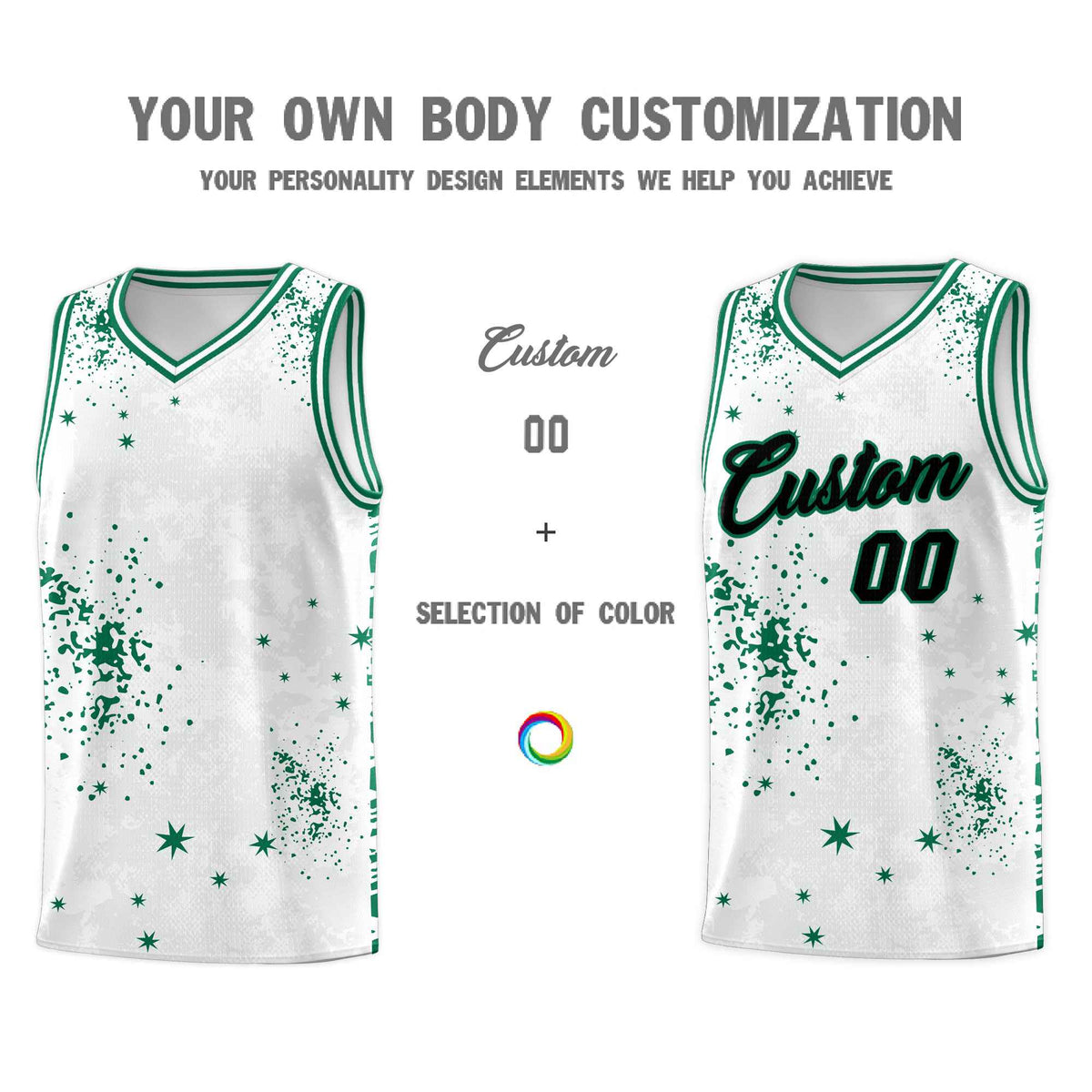 Custom White Kelly Green Vice Burst Galactic Graffiti Breathable Basketball Jersey