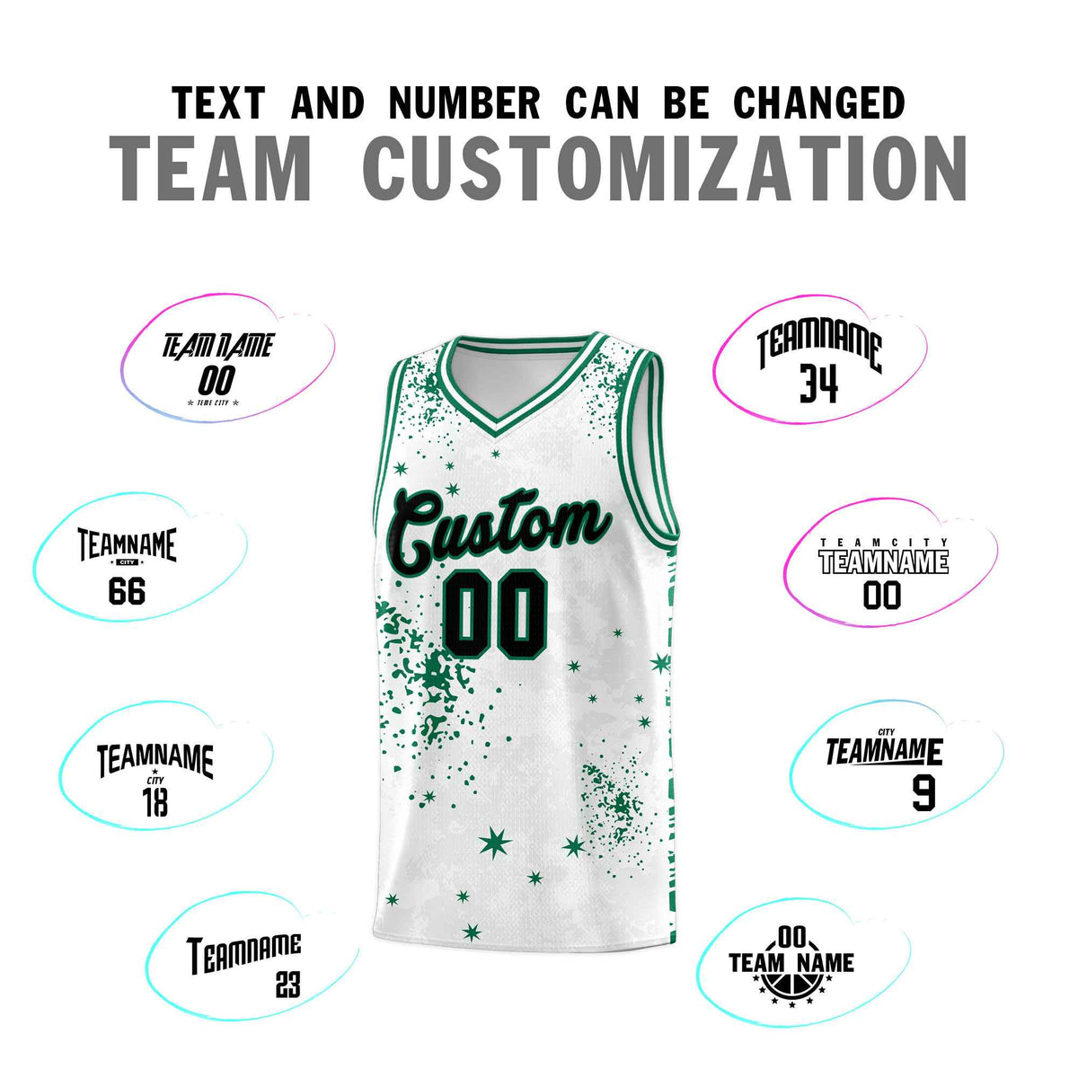 Custom White Kelly Green Vice Burst Galactic Graffiti Breathable Basketball Jersey