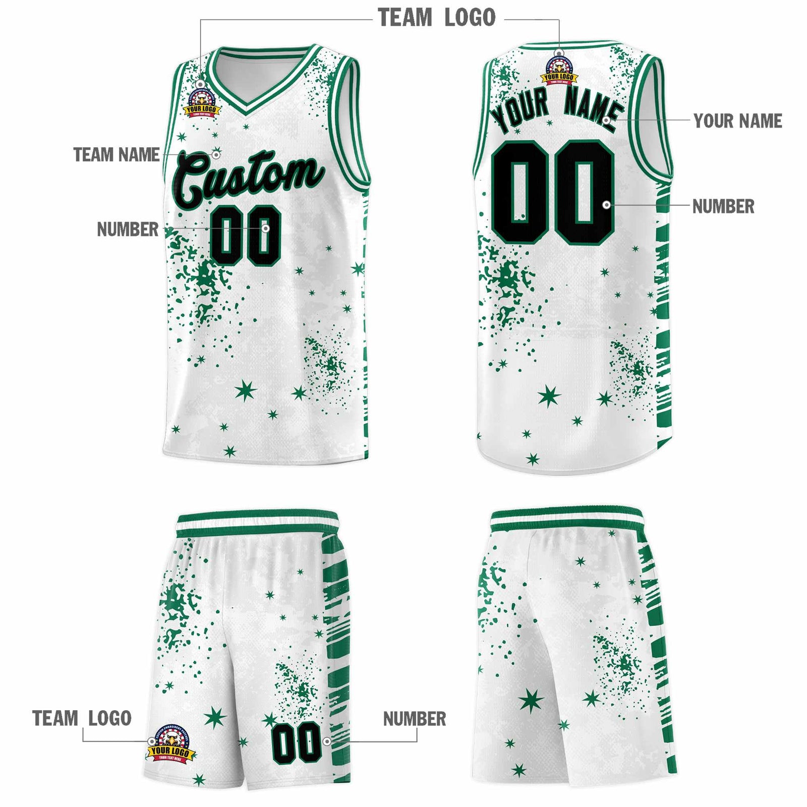 Custom White Kelly Green Vice Burst Galactic Graffiti Breathable Basketball Jersey