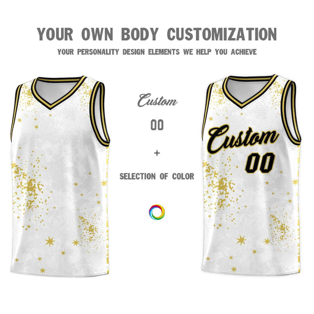 Custom White Old Gold Vice Burst Galactic Graffiti Quick-Drying Basketball Jersey