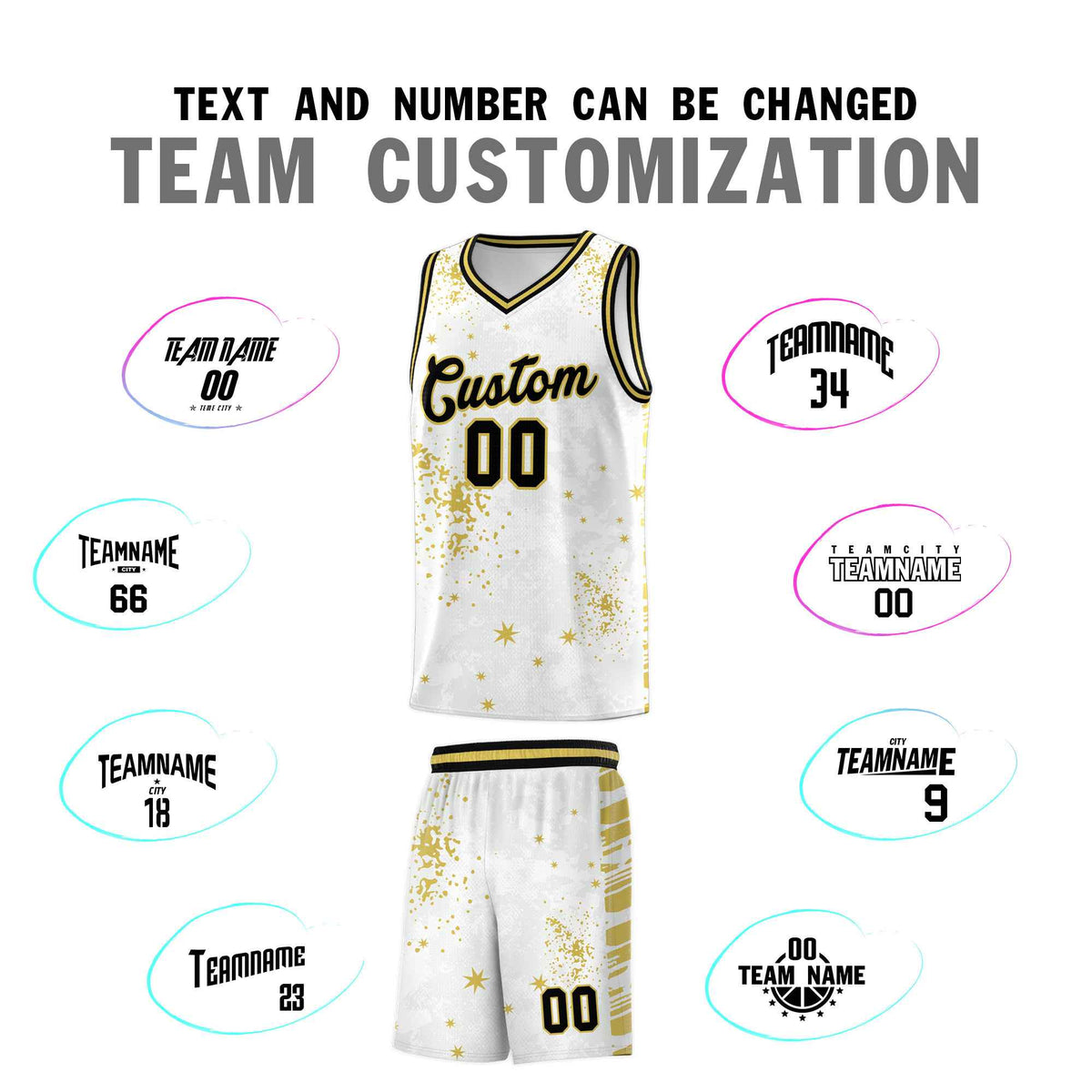 Custom White Old Gold Vice Burst Galactic Graffiti Quick-Drying Basketball Jersey