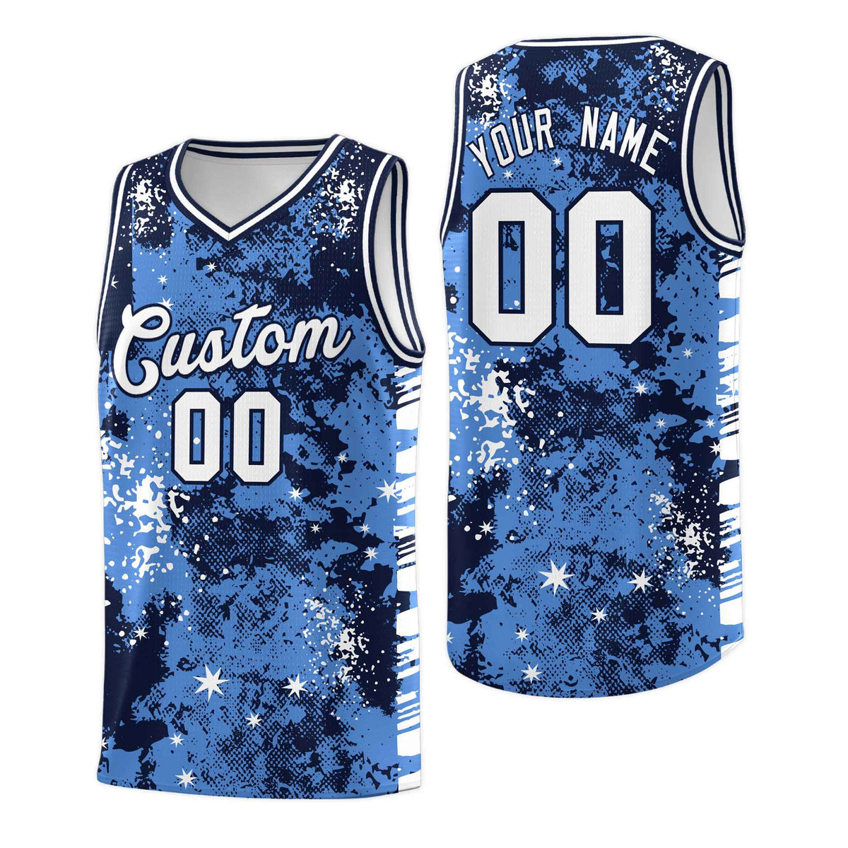 Custom Powder Blue Navy Vice Burst Galactic Graffiti Drapable Basketball Jersey
