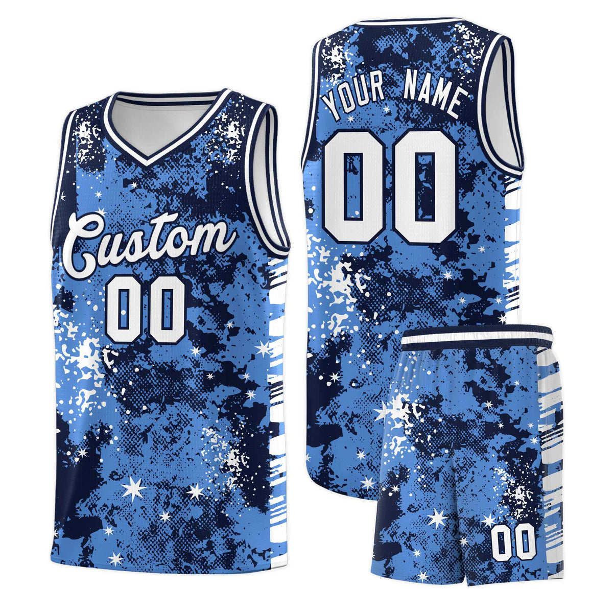 Custom Powder Blue Navy Vice Burst Galactic Graffiti Drapable Basketball Jersey