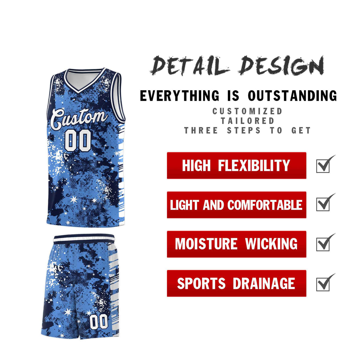 Custom Powder Blue Navy Vice Burst Galactic Graffiti Drapable Basketball Jersey