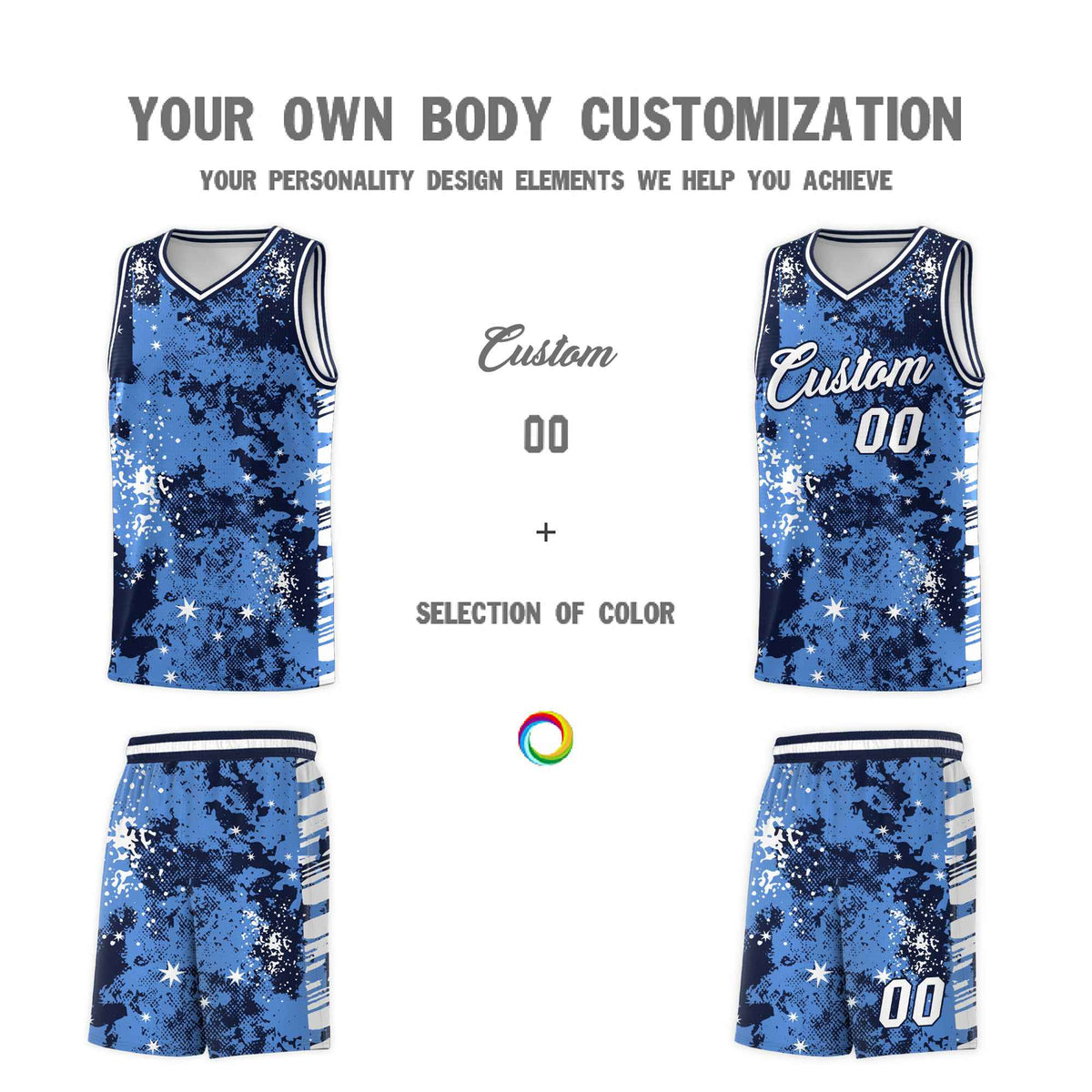 Custom Powder Blue Navy Vice Burst Galactic Graffiti Drapable Basketball Jersey