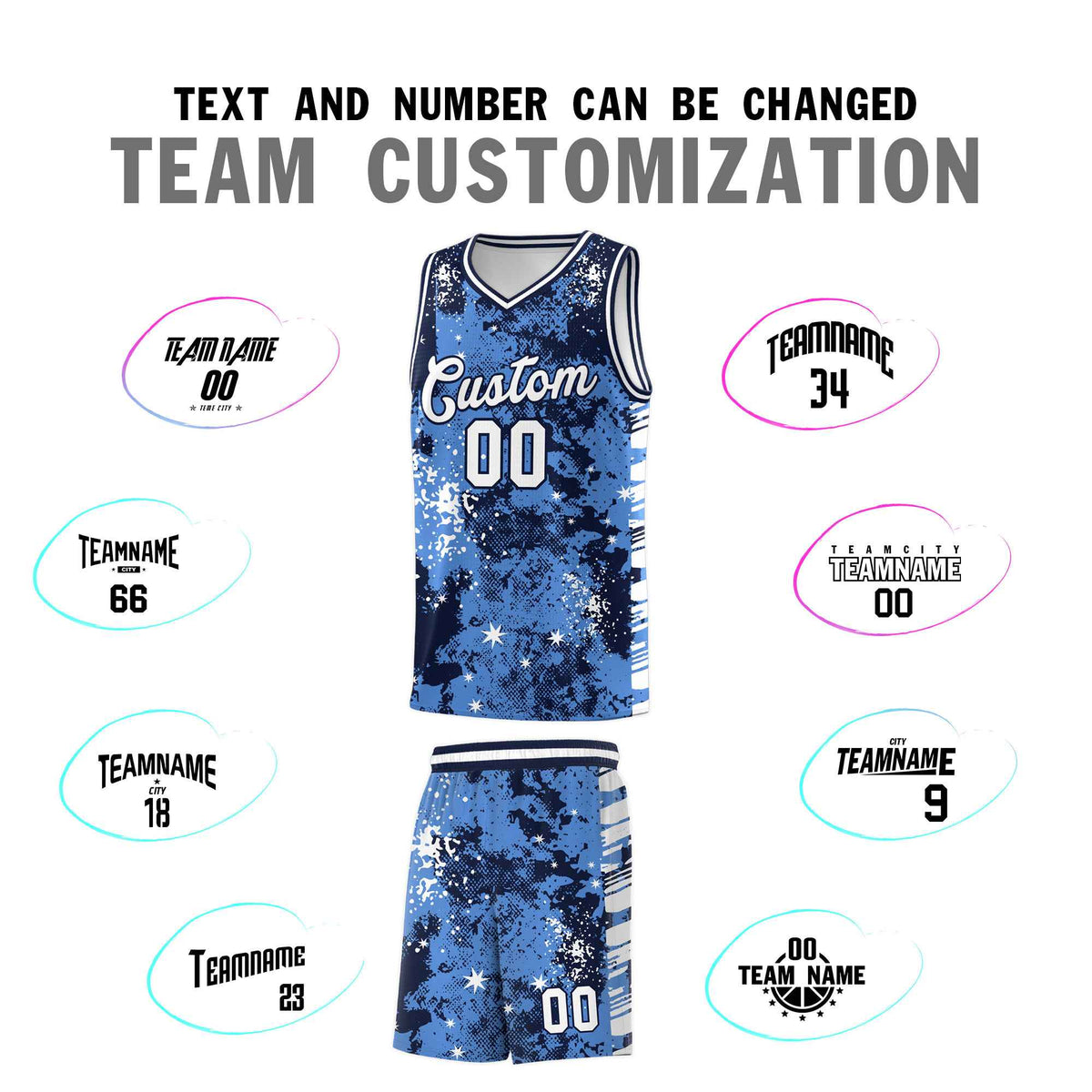 Custom Powder Blue Navy Vice Burst Galactic Graffiti Drapable Basketball Jersey