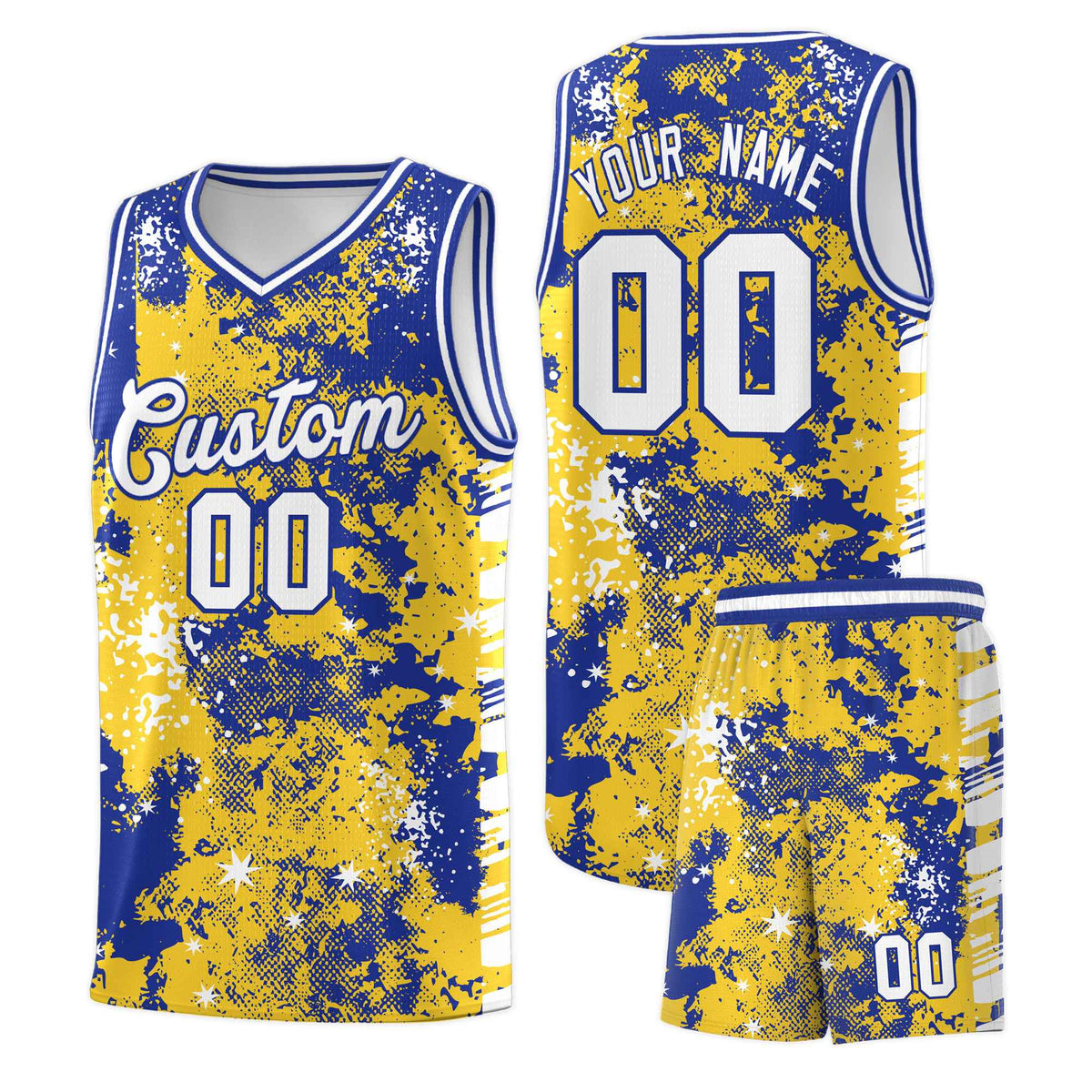 Custom Gold Royal Blue Vice Burst Galactic Graffiti Sublimation Printing Basketball Jersey